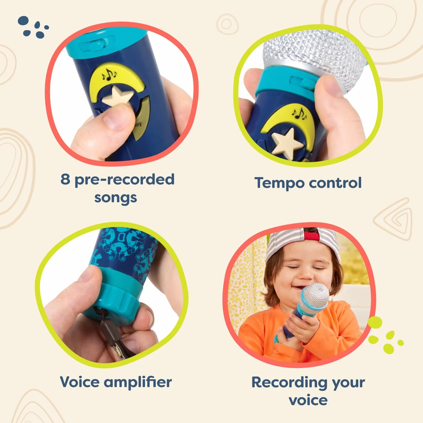 B. toys Okideoke Micrófono para niños Karaoke Juguete 8 Canciones pregrabadas Control Volumen Tempo 18 Meses+