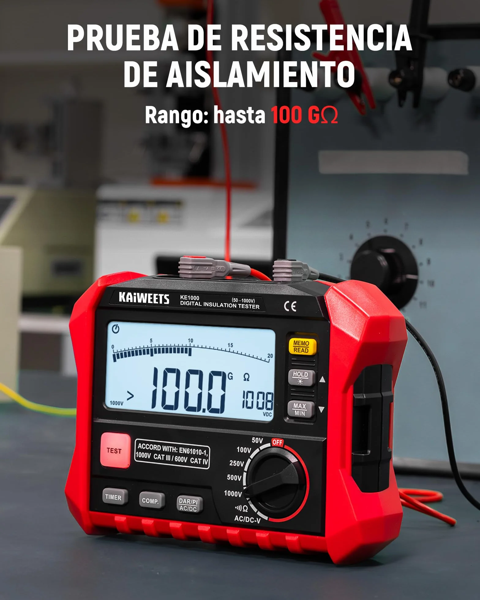 KAIWEETS Medidor de aislamiento de resistencia de aislamiento de hasta 100 GΩ, 50 V/100 V/250 V/500 V/1000 V, DAR/PI, con prueba de voltaje CA/CC para motores, solar, HVAC