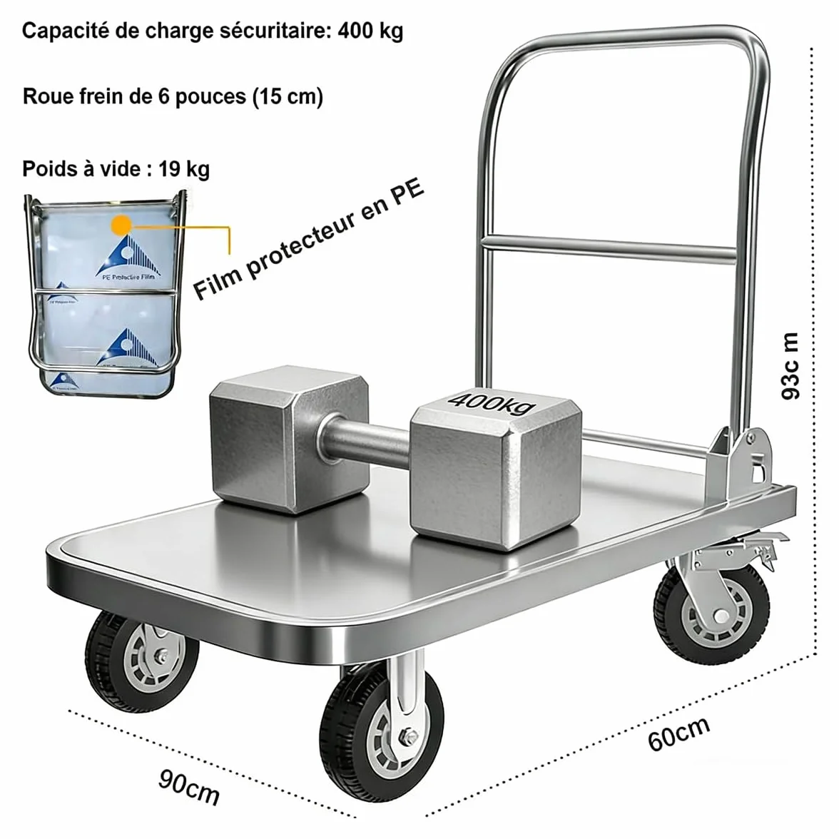 Carrito INOX Plegable 400 kg, Carro de Transporte con Plataforma de Carga Pesada de Acero Inoxidable, Ruedas giratorias 360° (15 cm) y Cama Plana 90x60 cm, Ideal para almacenes y talleres