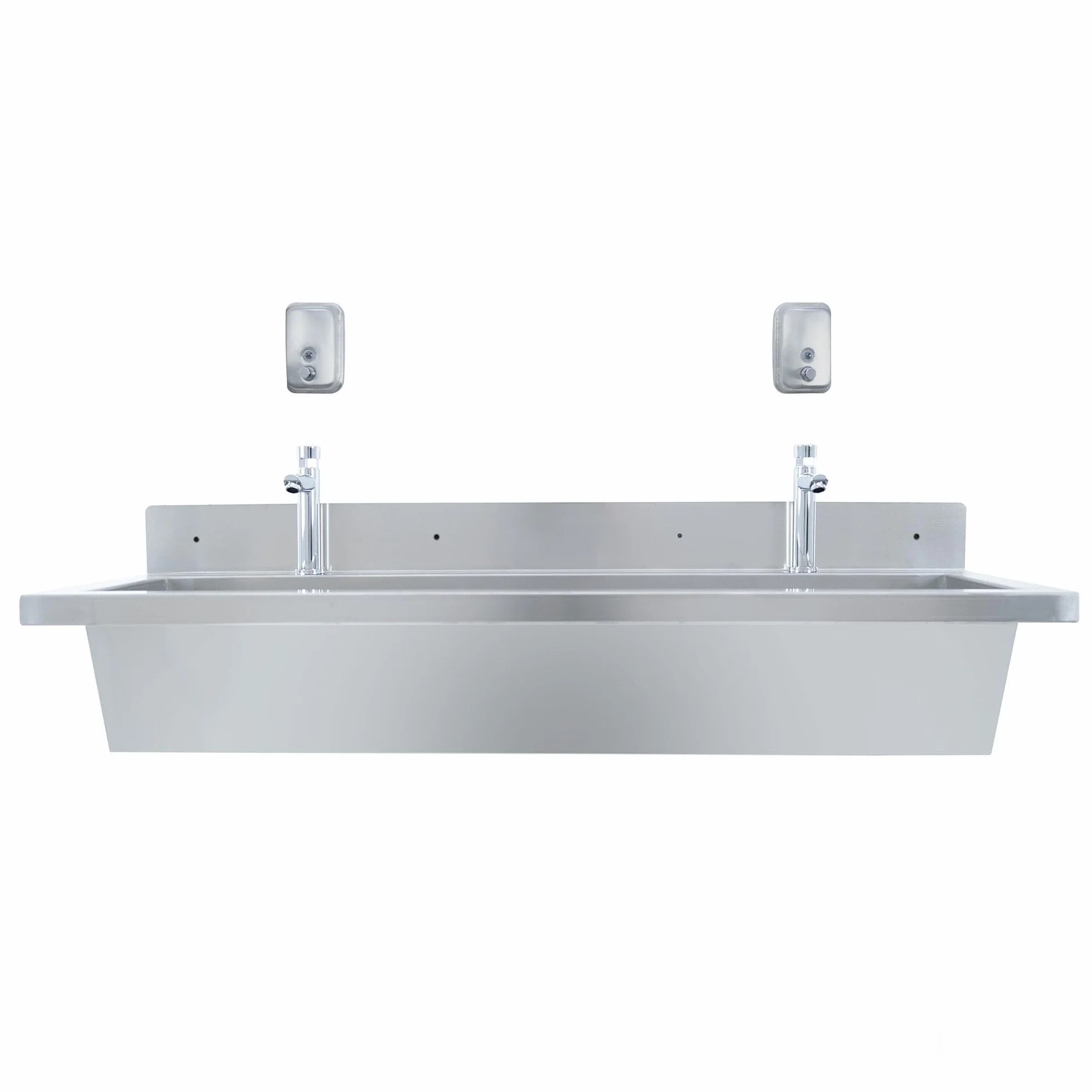 Lavamanos Colectivo Profesional 120 cm Acero Inoxidable 304 con Grifos Temporizados, Válvula Mezcladora de Temperatura y 2 Dispensadores de Jabón 500 ml