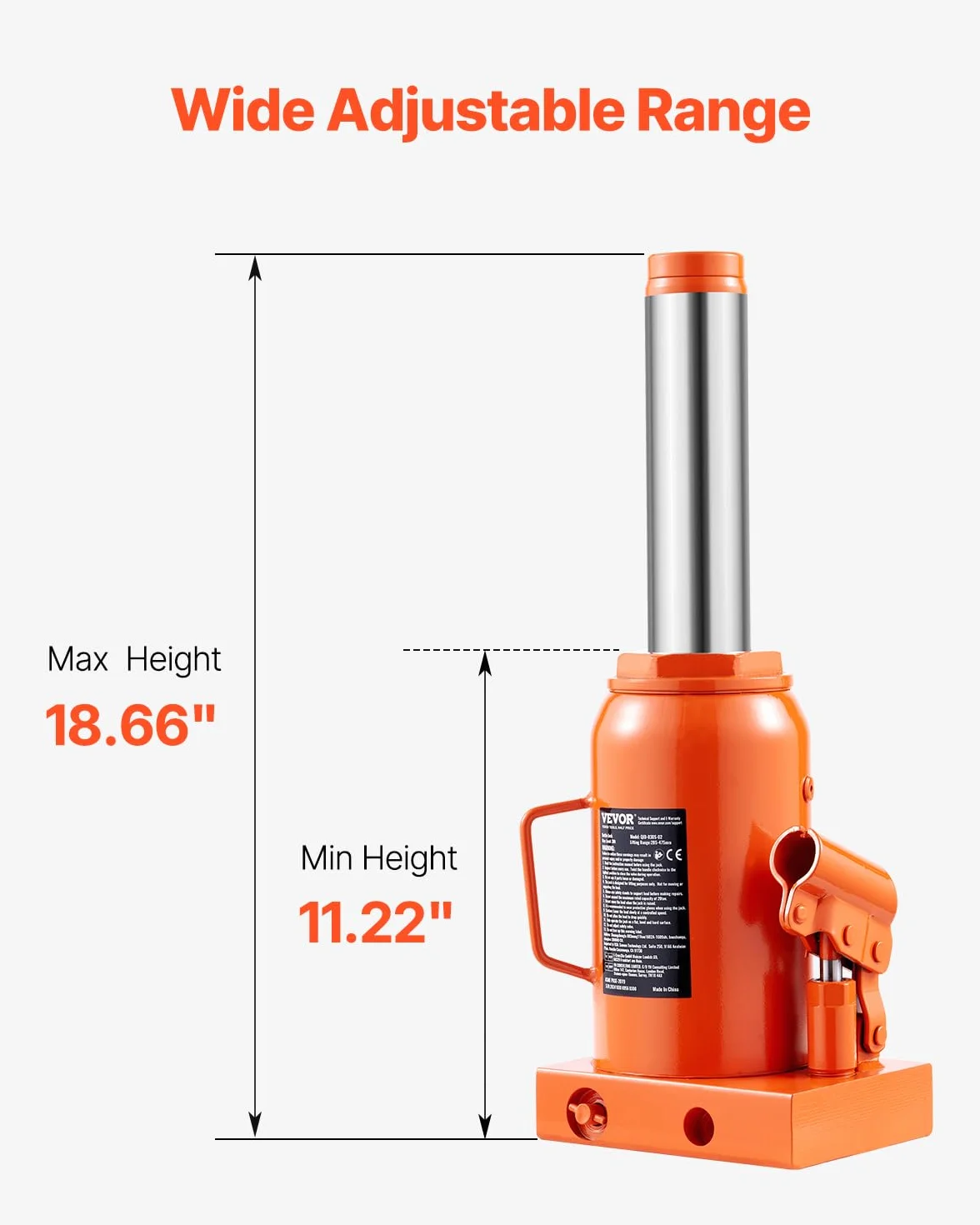 VEVOR Gato Hidráulico de Botella 30 T Manual Rango Elevación 285-475 mm Mango Largo 3 Secciones