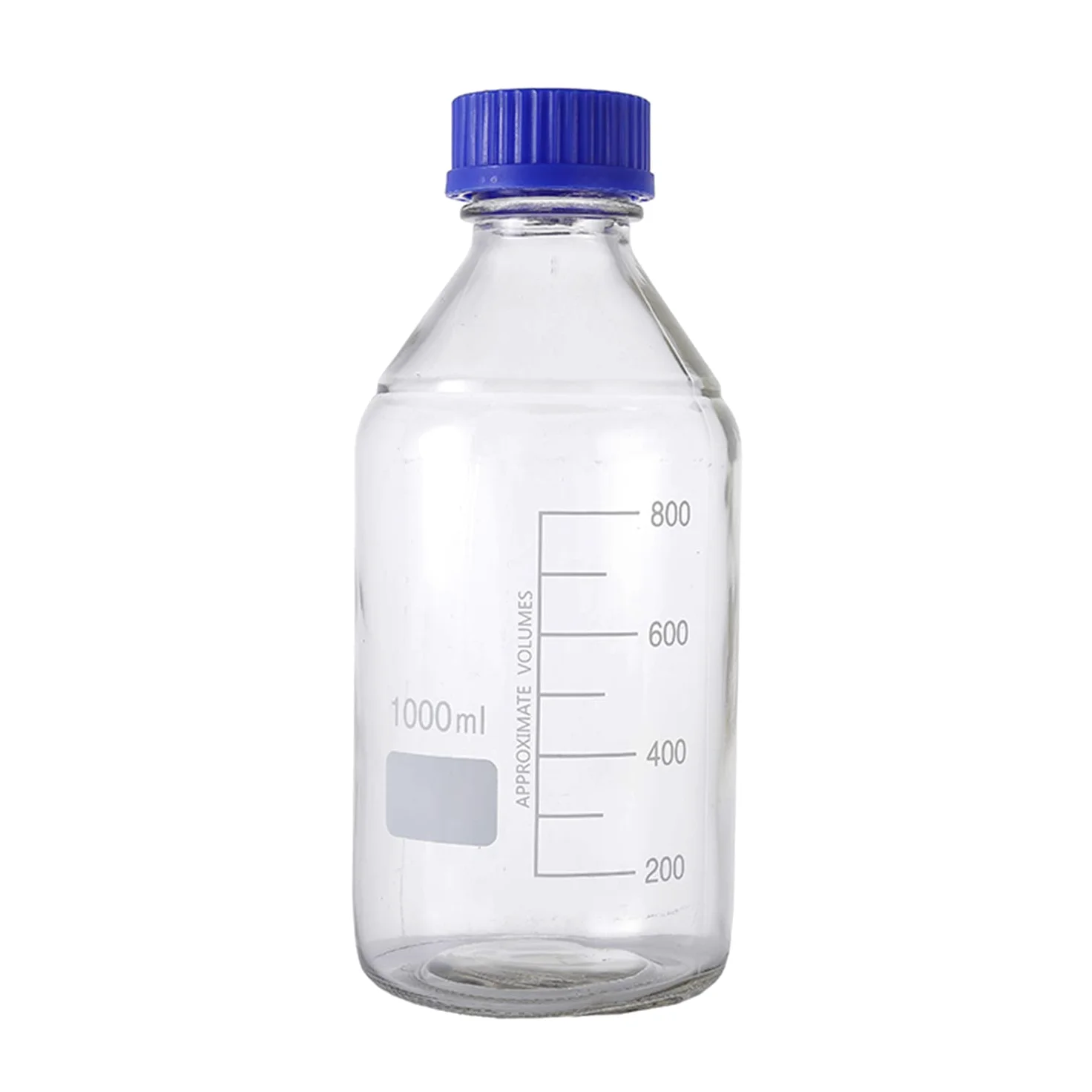 Pyrex - Paquete de 4 botellas de vidrio redondas graduadas de 1000 ml con tapón de rosca de polipropileno azul GL45