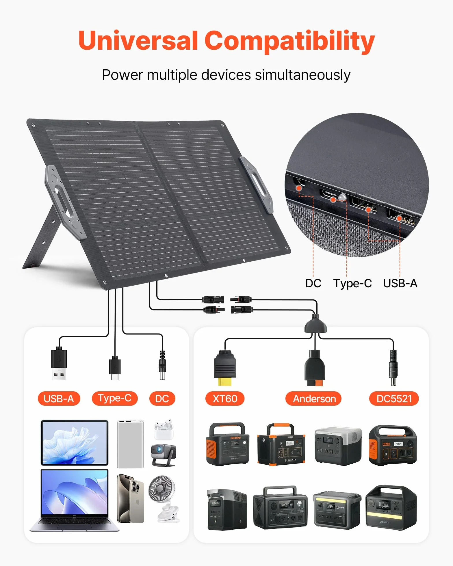 VEVOR Placa Solar Plegable 100W, Panel Solar Monocristalino Portátil con Puertos USB MC4 DC, Alta Eficiencia 24%, IP65 Impermeable, Compatible con Estaciones de Energía Acampadas Autocaravanas Viajes