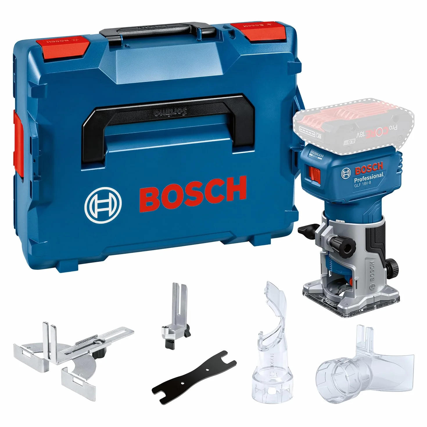 Bosch Professional 18V System fresad. corte bat. GLF 18V-8 (incl. guía paral., adapt. asp. fres. sup., adapt. asp. fres. cant., guía rod. rec. enras., pinza suj. 8 mm, llave, L-BOXX, sin bat./carg.)