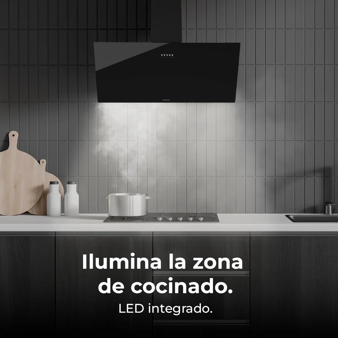Cecotec Campana Decorativa 90cm Bolero Flux DM 906500 Glass Black 165W 650m3/h Frontal Vidrio Negro Control Mecánico 3 Niveles Potencia