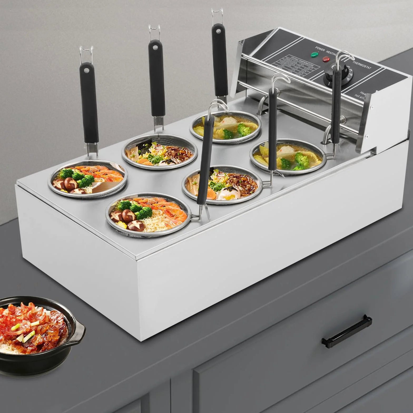 Máquina eléctrica de pasta de 20 L, 2000 W, cocina de pasta con 6 cestas, temperatura ajustable 60 – 200 °C, para restaurantes, puestos de comida y comedores
