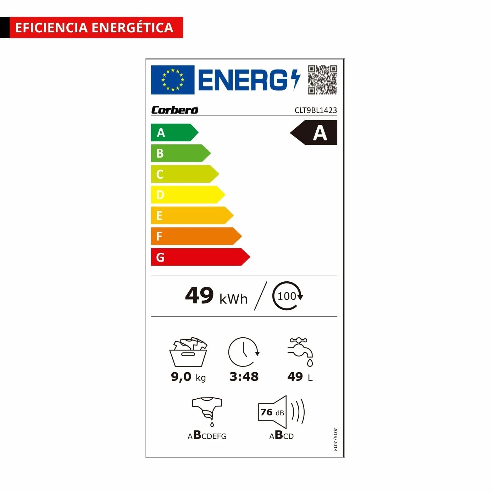 Corbero Lavadora Carga Frontal CLT9BL1423 9 Kg 1400 Rpm Inverter 16 Programas Vapor Blanco
