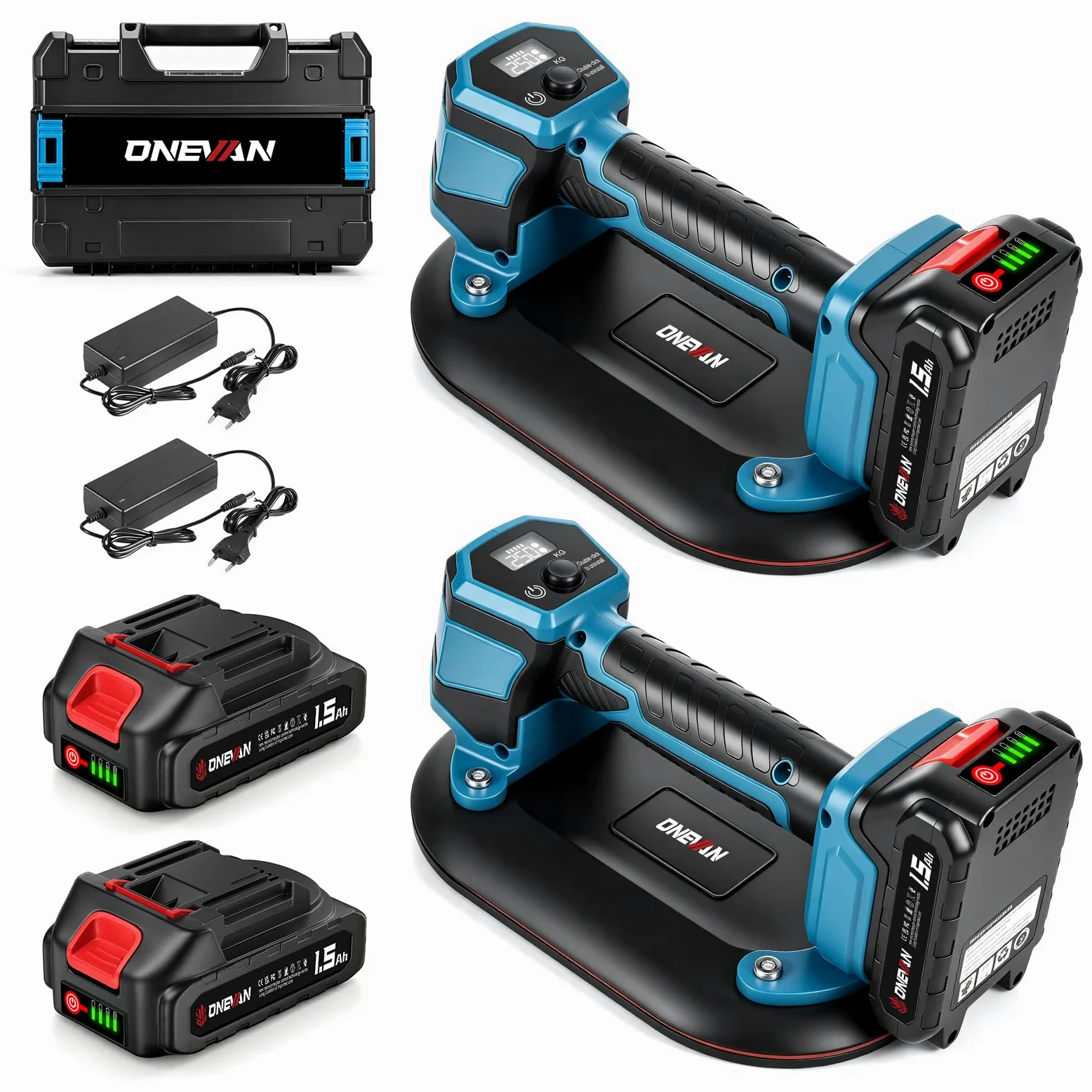 ONEVAN 2x ventosas eléctricas 21V, elevación de 250kg para azulejos, vidrio | Ventosa grande 16 x 24cm, reposición automática de presión, 2 baterías 21V 1500mAh, pantalla digital, compatible con Makita