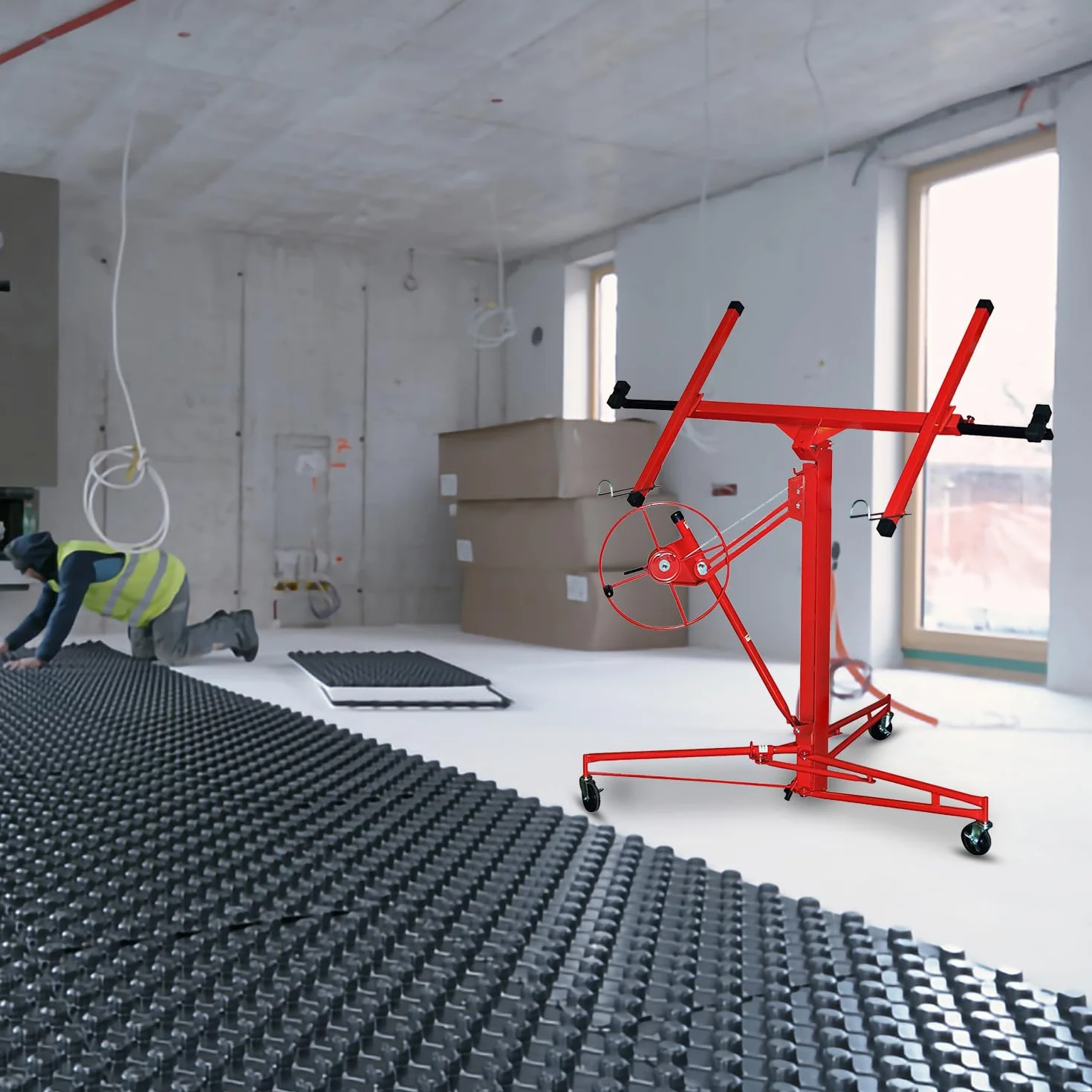 Soporte elevador XXL para placas de yeso, altura de trabajo ajustable de 132-325 cm, brazo de carga máx. de 295 cm y capacidad de carga de 68 kg, plegable, ayuda de montaje para yeso y