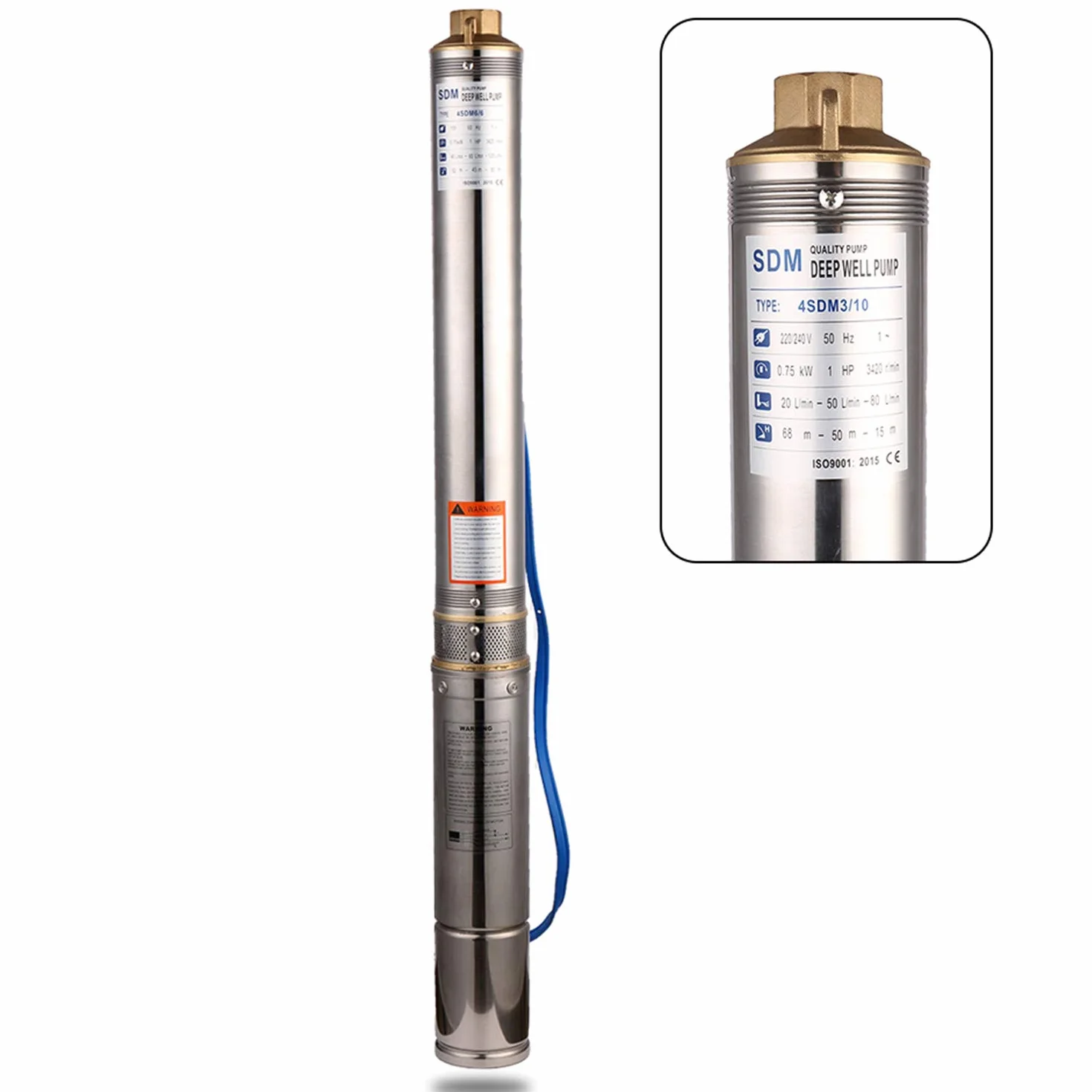 0,75Kw 1HP Bomba para Pozo Sumergible Flujo máximo 5,6m³/h Altura máxima de transporte 72m 236 pies Salida de 1.5" con cable de 65,6 pies para riego de agricultura de jardines industriale