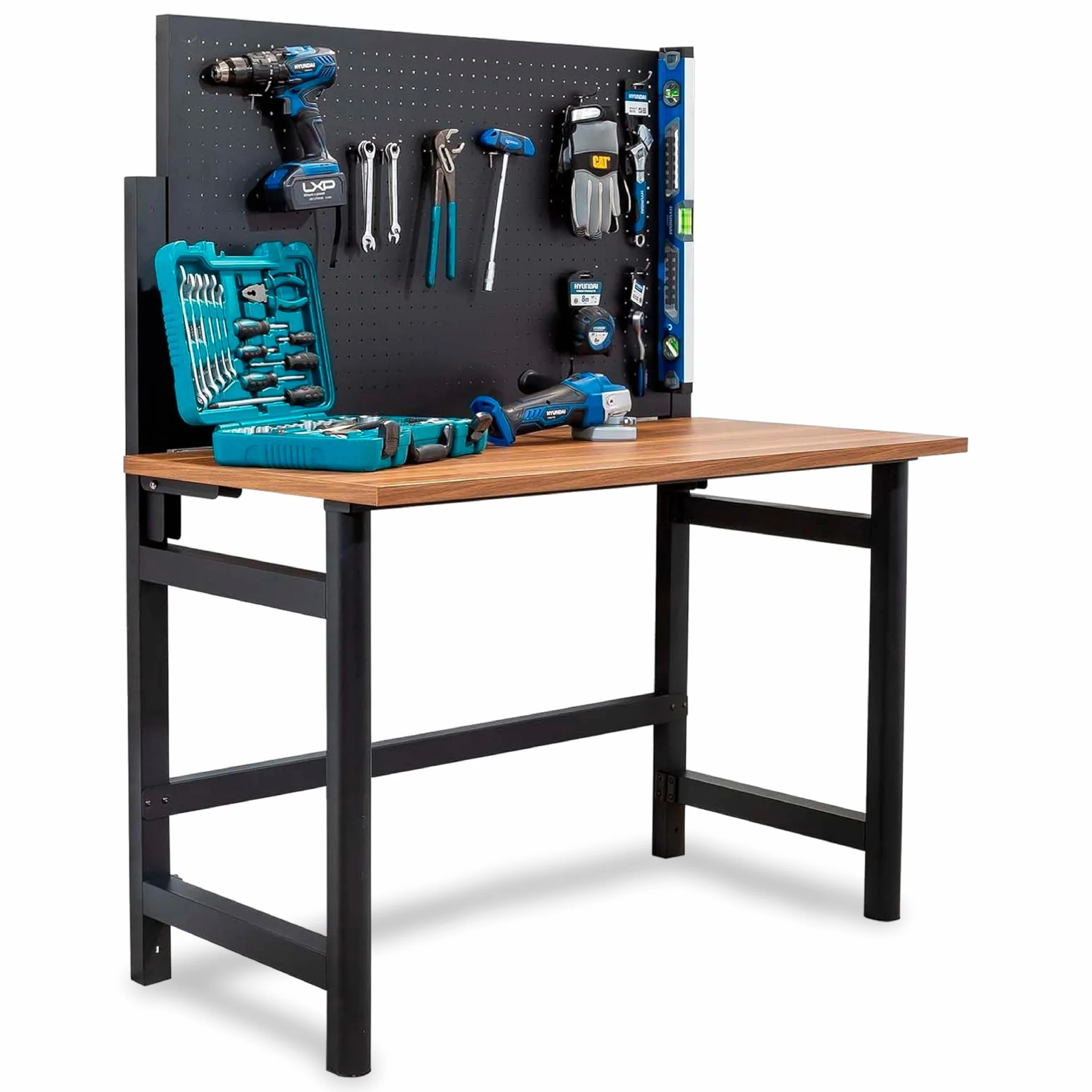 Kompact Banco de Trabajo Plegable de Pared con Altura Regulable, Mesa de Trabajo con Panel Perforado y Ganchos