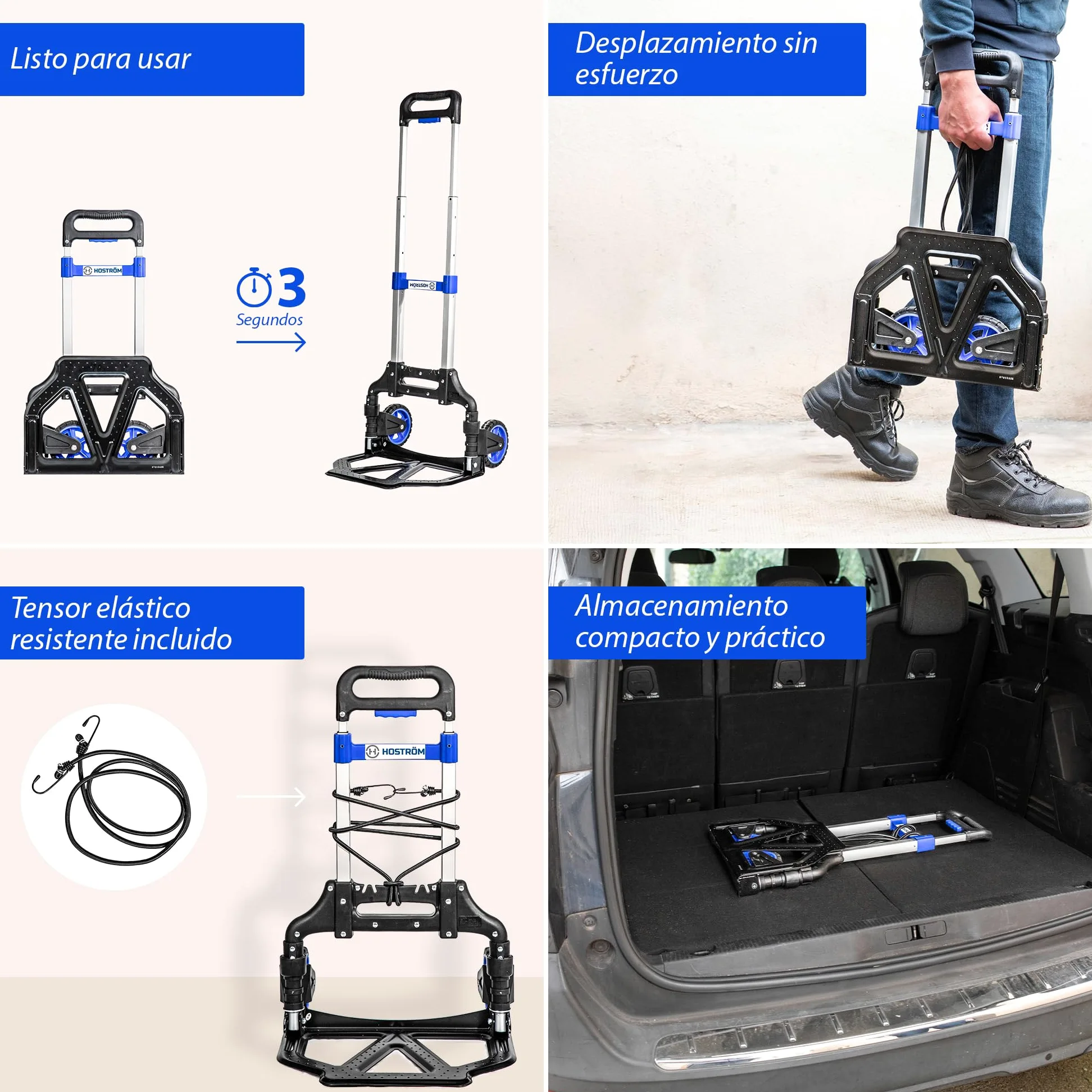 HOSTRÖM Carretilla Plegable de Aluminio de 2 Ruedas para Mover y Transportar Materiales. Compacta y Ligera. Carga máxima: 60 kg. 5 años de garantía.