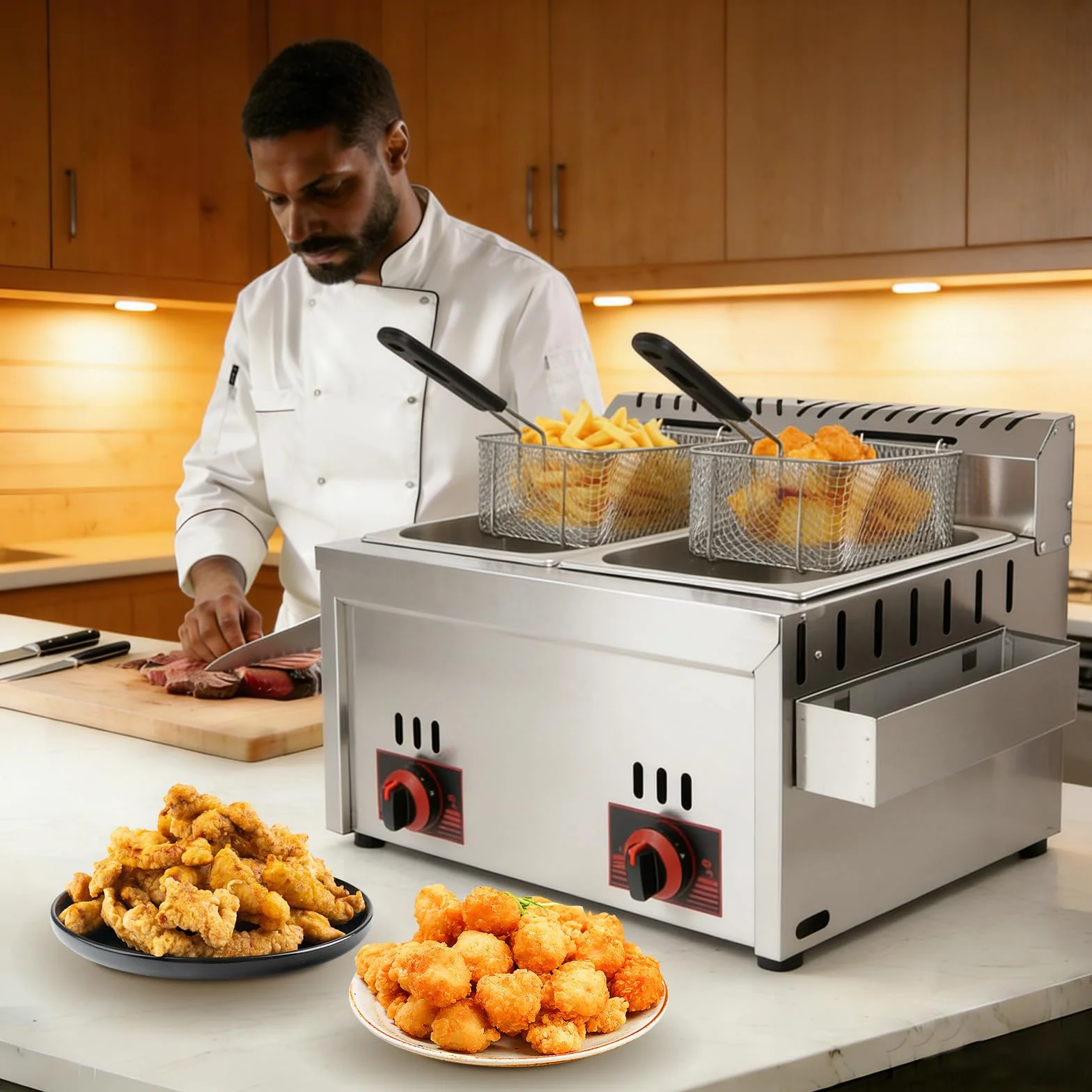 Freidora de Gas Comercial, Freidora Doble de Gas 6L+6L con 2 Cestas y 2 Tapas, Temperatura Ajustable, Calentamiento Rápido para Uso Comercial y Doméstico, Restaurantes y Bares de Aperitivos
