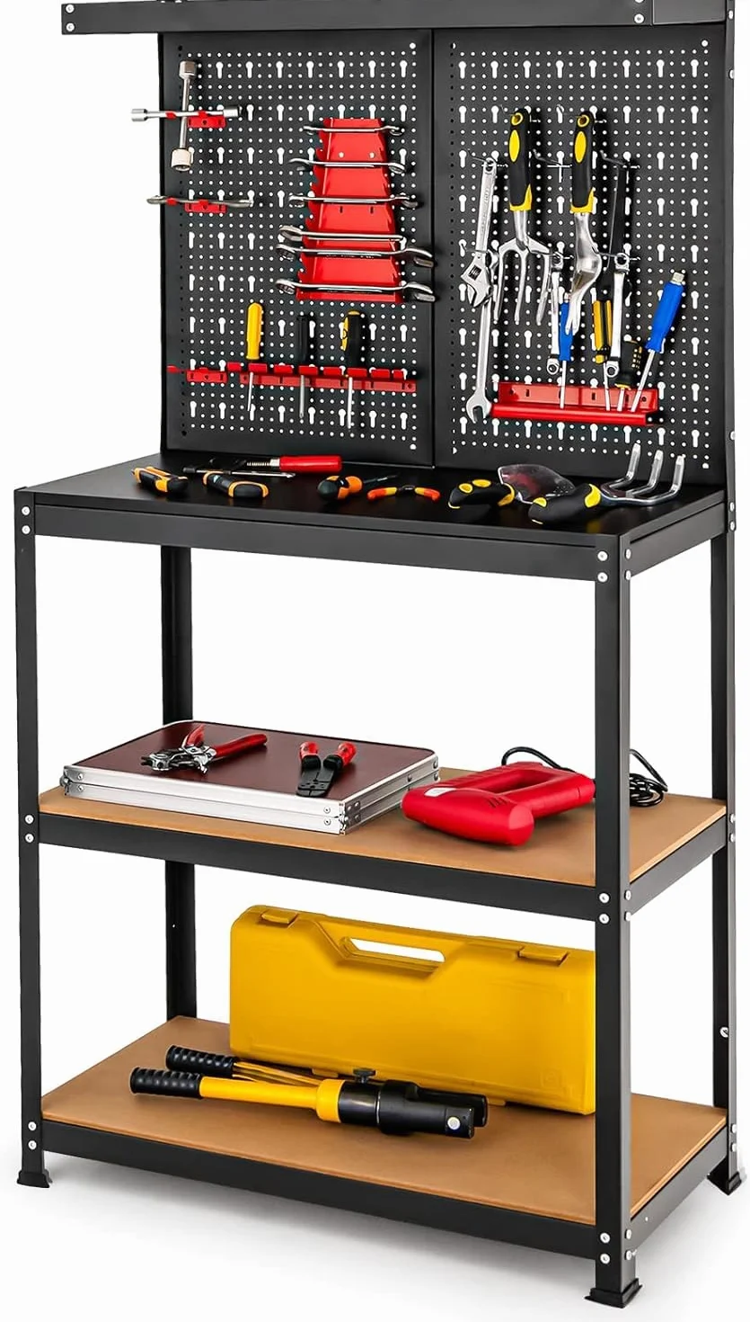 Banco de Trabajo Taller GYMAX, Capacidad Carga 100 kg, Mesa con Pared Perforada, 13 Accesorios, Negro