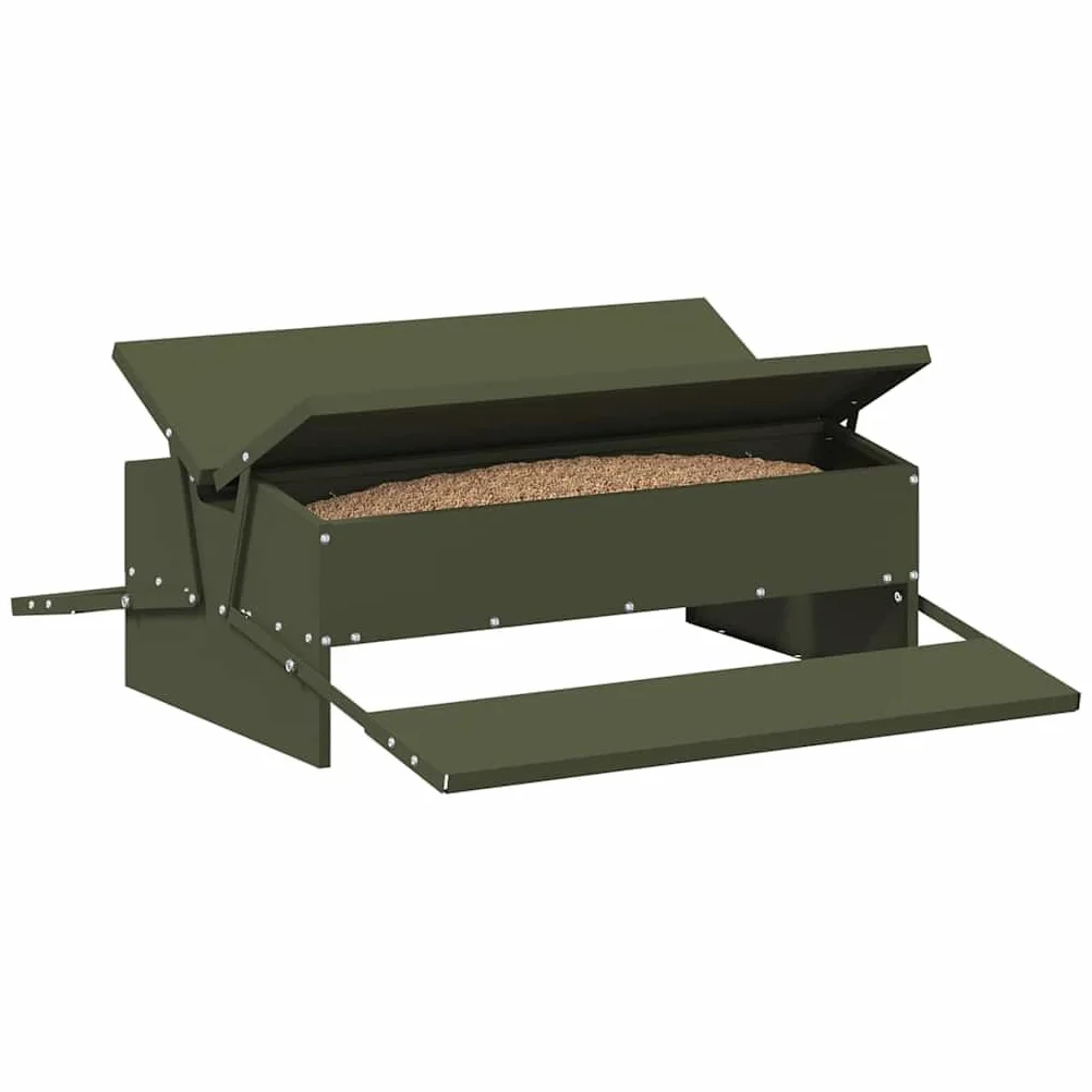Comedero gallinas metal verde oliva 75 x 53 x 20,5 cm, alimentador gallinas con pedal de acero resistente, diseño funcional para jardín o terraza, montaje fácil con destornillador,