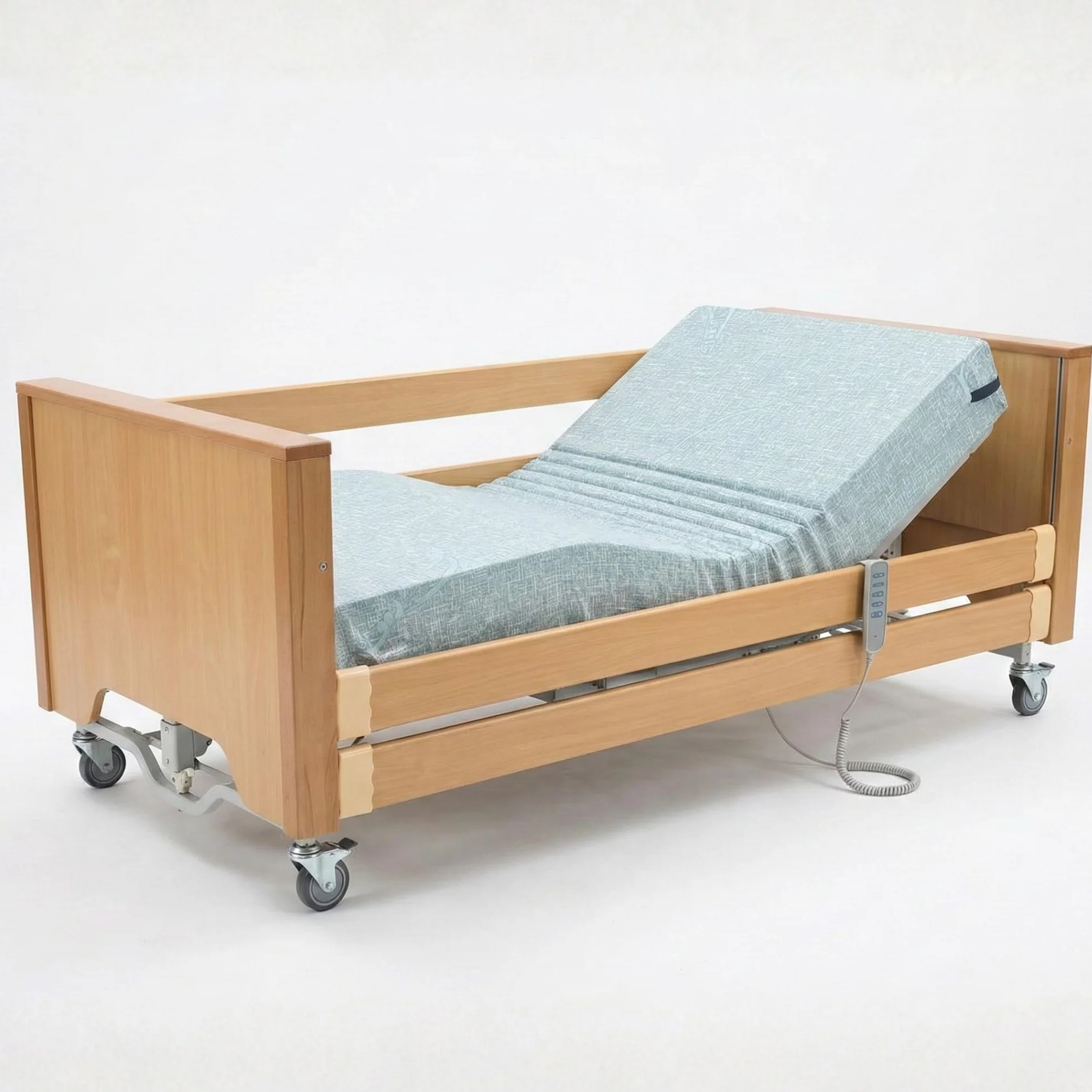 Cama de hospital eléctrica con 5 funciones, de roble y acero, 4 motores, 5 funciones con laterales – Incluye colchón ortopédico, movimiento Trendelenburg/Anti-Trendelenburg – Degencia y ancianos, DM