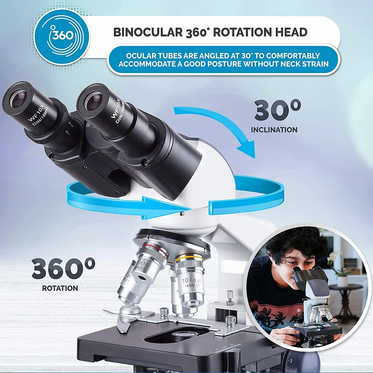 AmScope - Microscopio compuesto binocular de laboratorio de 40X-2500X led con etapa 3D, B120C