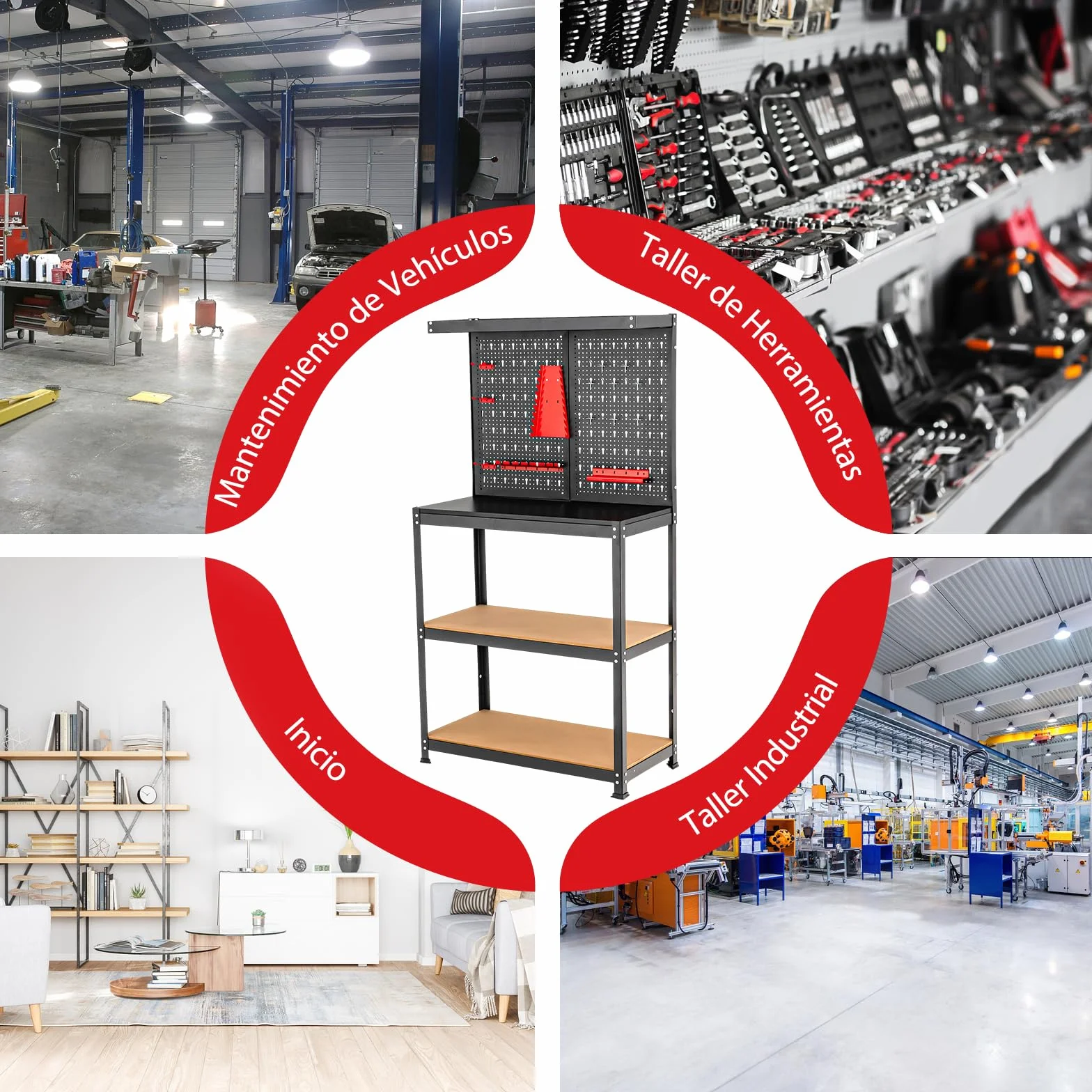 Banco de Trabajo Taller GYMAX, Capacidad Carga 100 kg, Mesa con Pared Perforada, 13 Accesorios, Negro