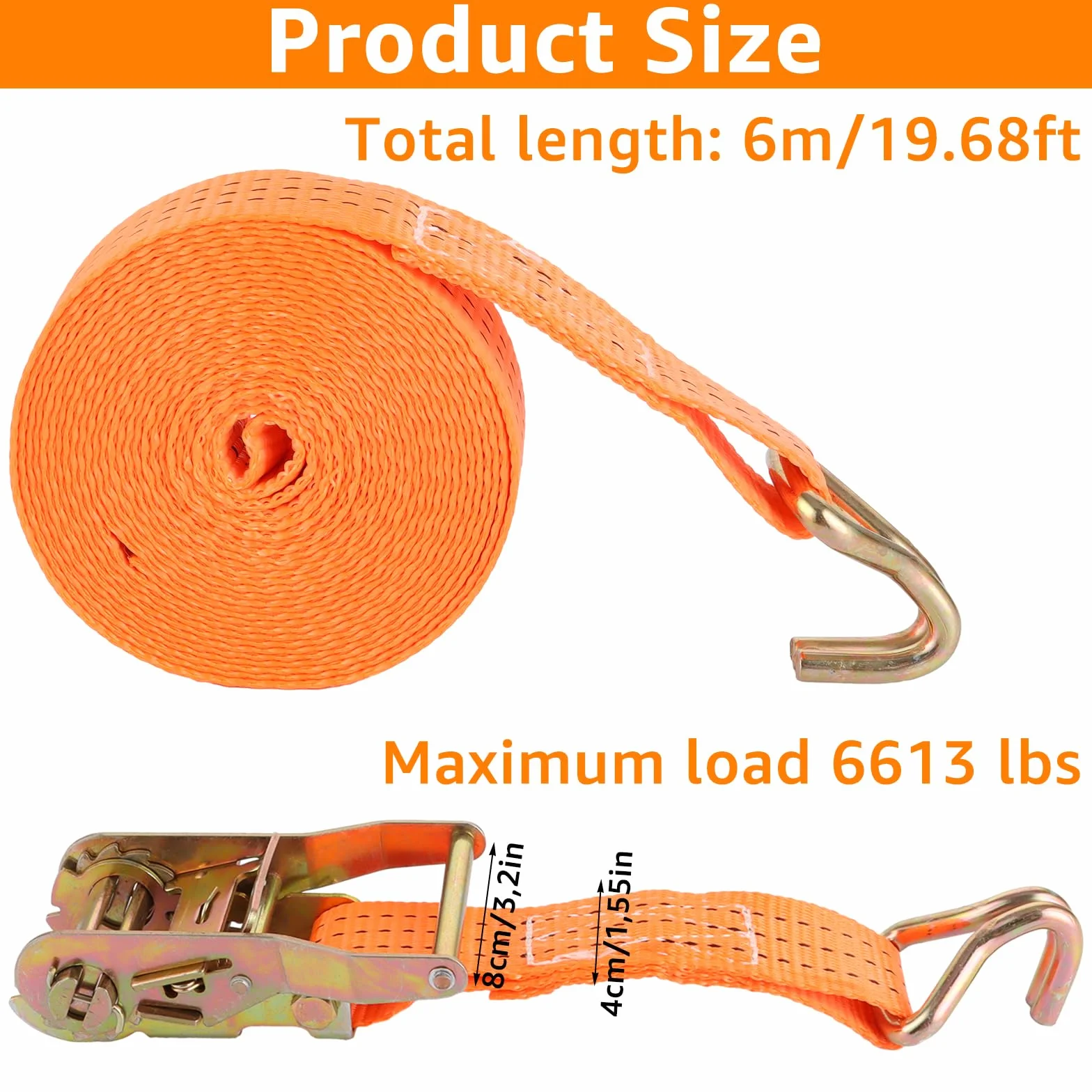Cinchas de Amarre 6m x 38mm Naranjas con Trinquete y Ganchos Eslingas de Carga