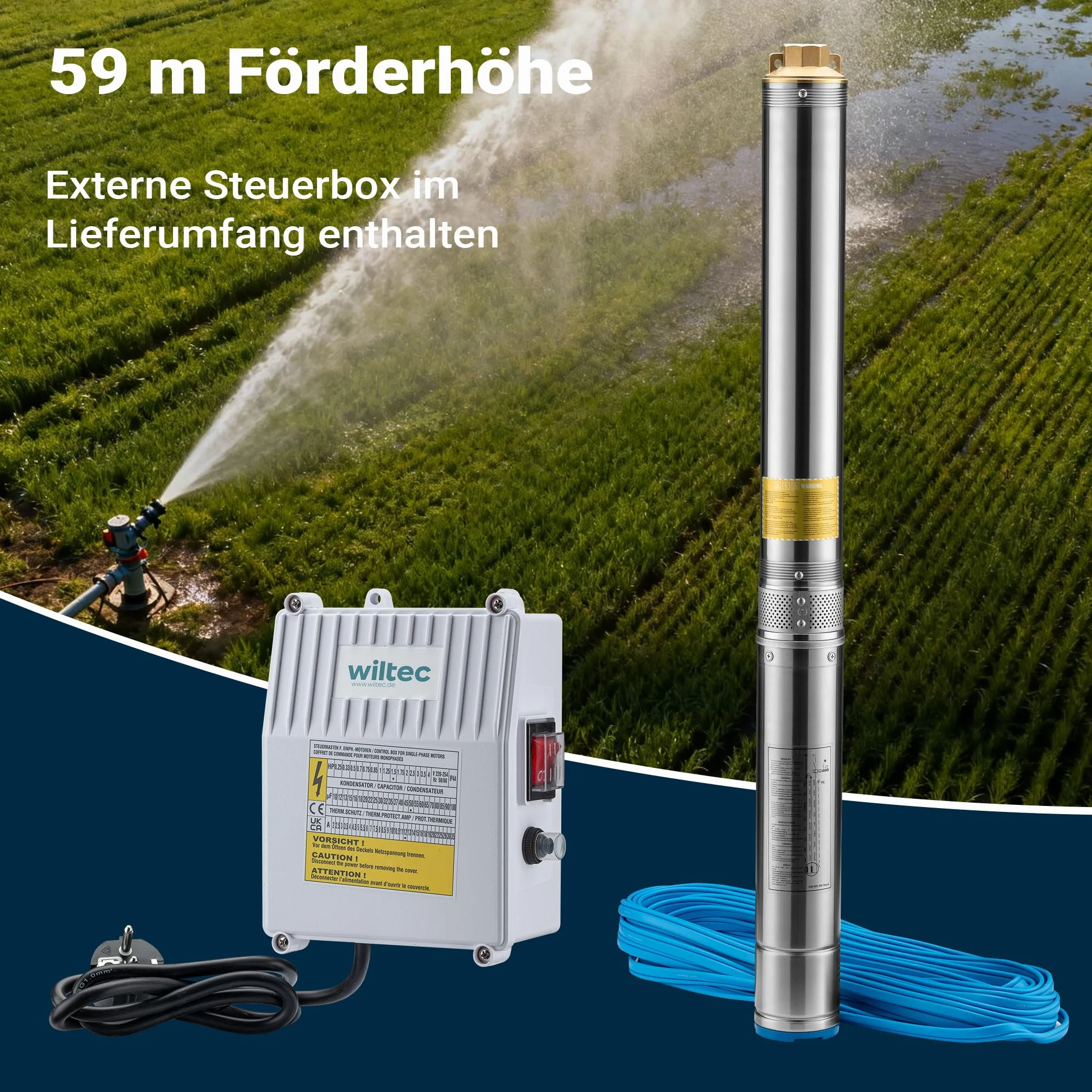 Wiltec Bomba para pozos profundos de 4" y 550 W, bomba de agua con un caudal de 6000 l/h, sifón sumergible con profundidad de inmersión máx.de 20 m y altura de elevación máx. de 59 m