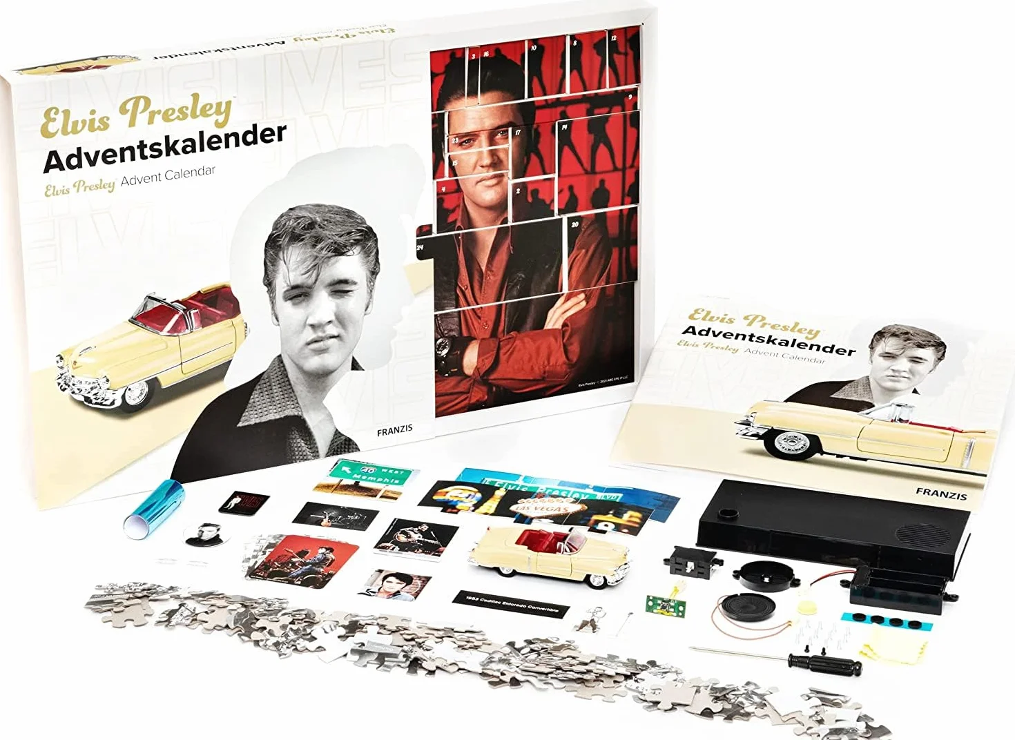 Franzis Elvis Presley 55120-7 Calendario de Adviento escala 1:38 con módulo de sonido y libro, multicolor 14+