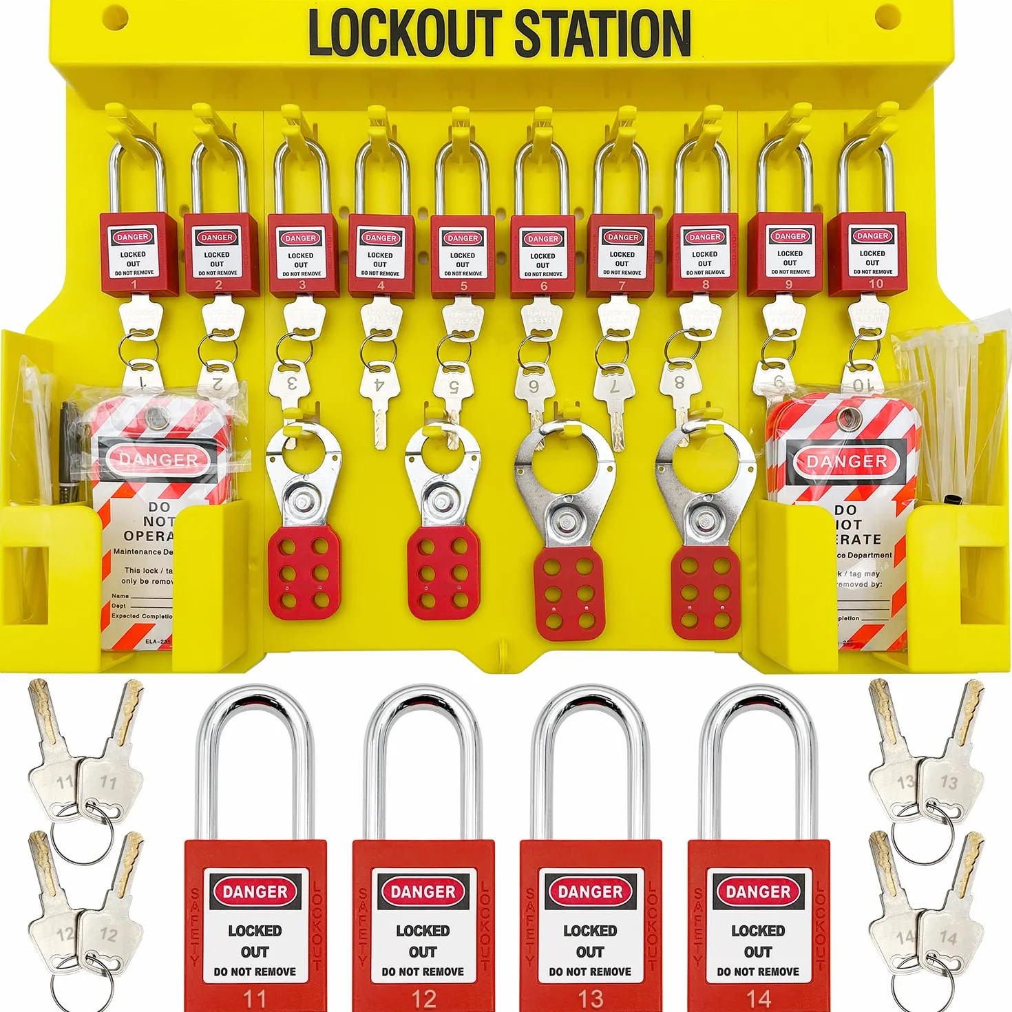 Estación de etiquetado de bloqueo, kits de loto, incluye 14 candados diferentes con números, 4 cerrojos de bloqueo, 40 etiquetas de bloqueo, 20 cables de nailon (estación de bloqueo grande)