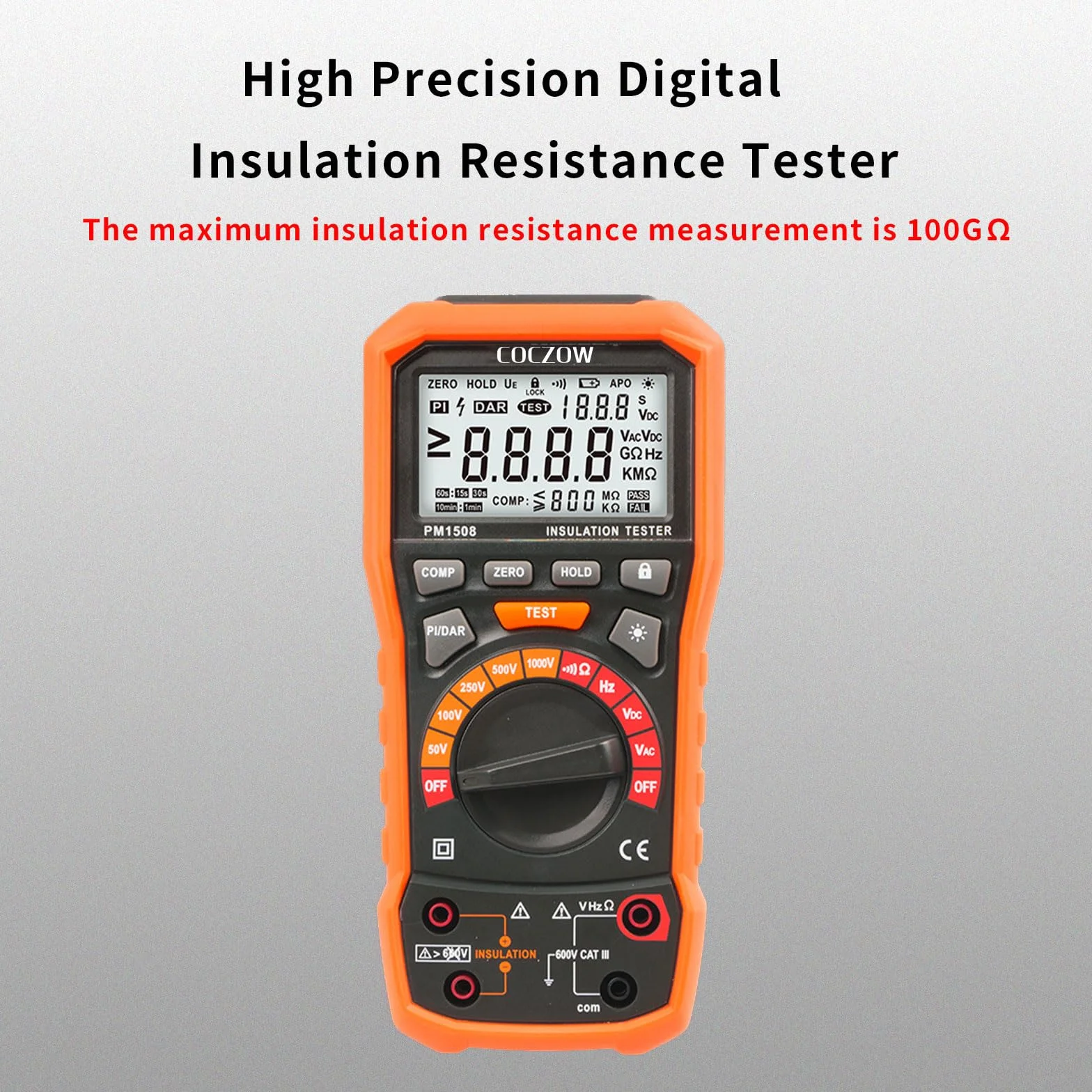 Comprobador Digital de Resistencia de Aislamiento 1000 V CA/CC Para Aparatos Eléctricos, Resistencia de Aislamiento de Hasta 100 GΩ, con PI/DAR, Prueba de Frecuencia y Baja Tensión, con Pantalla LCD