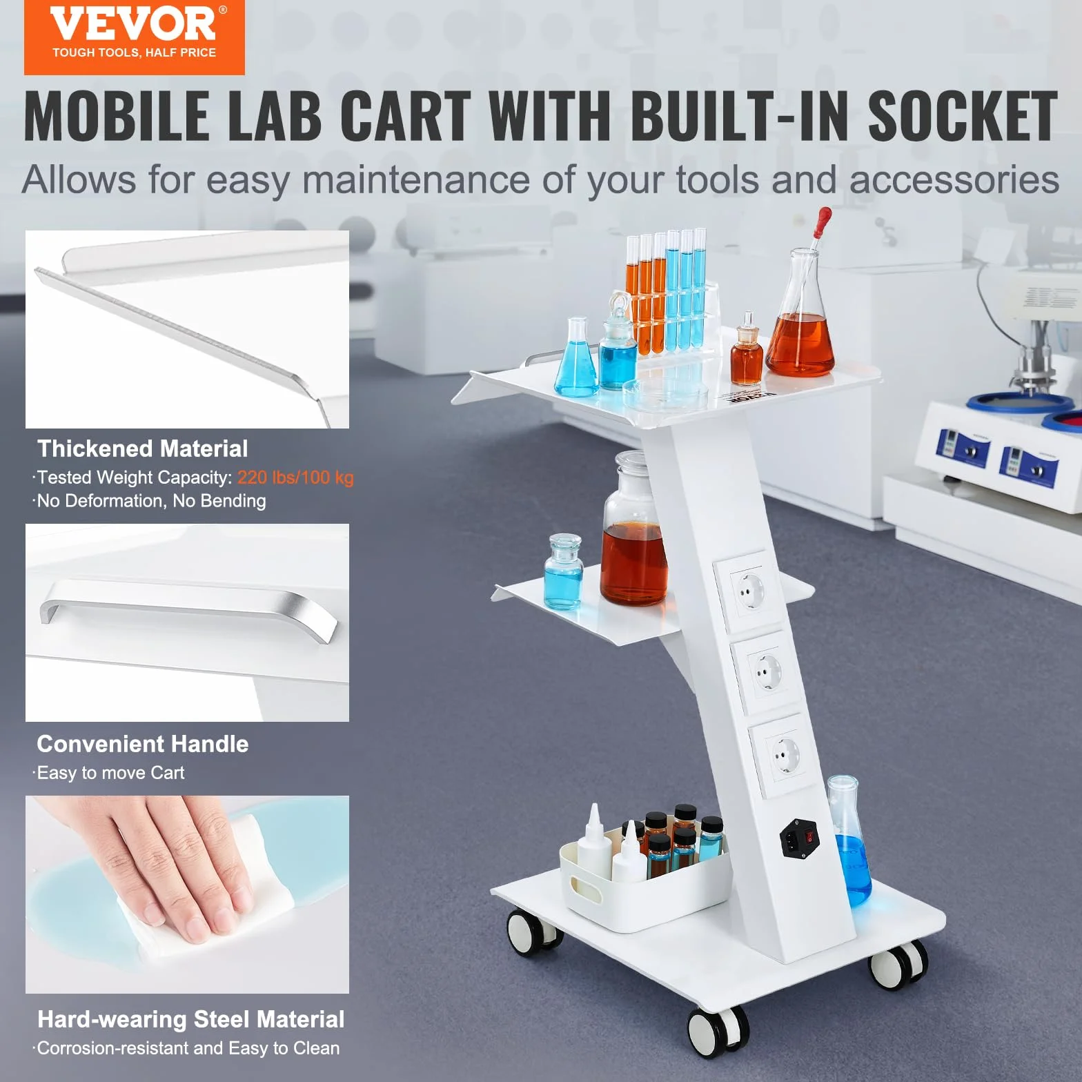VEVOR Carro de Laboratorio, Carro de Servicio Médico con Enchufe, 3 Capas, Ruedas Giratorias, 100 kg