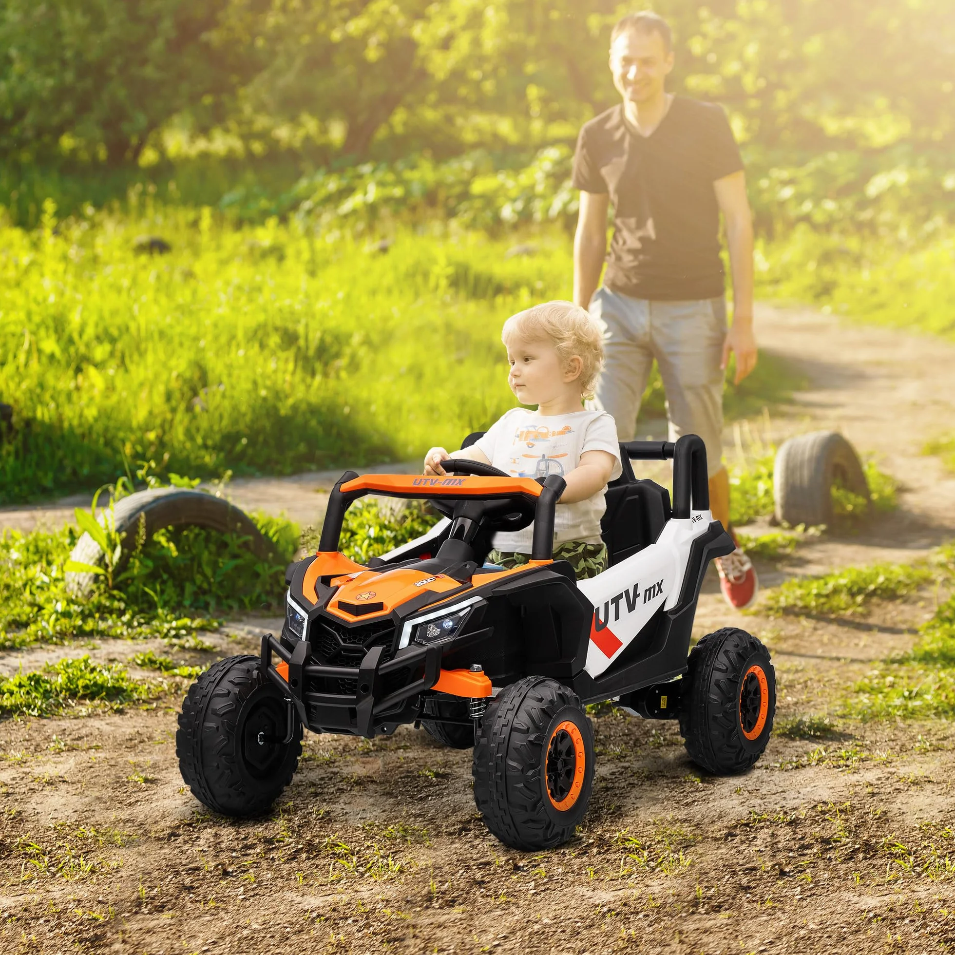 AIYAPLAY Coche Eléctrico 12V UTV 2 Motores Control Remoto 2,4G Velocidad 7 km/h Suspensión Faros USB para Niños +3 Años Naranja