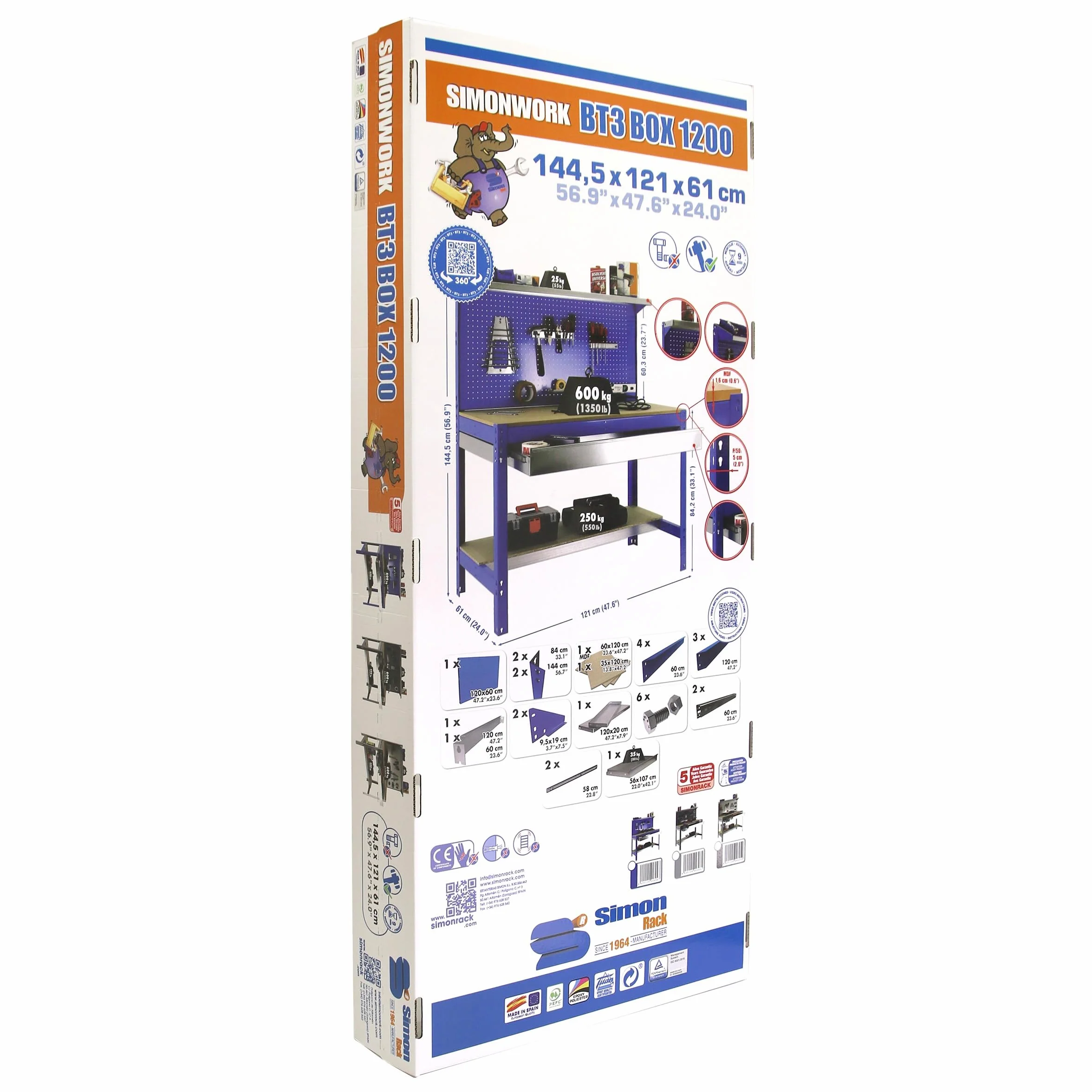 Simon Rack BT3 Banco de Trabajo Taller 600 kg 1445x1210x610 mm Mesa de Trabajo 1 Cajón Azul Madera