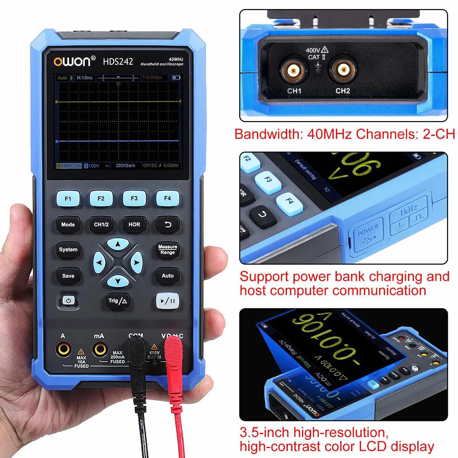 OWON HDS242 Mano Digital Osciloscopio Multimetro 2 Canales USB TipoC 40 MHz 3.5 / LCD Prueba Metro