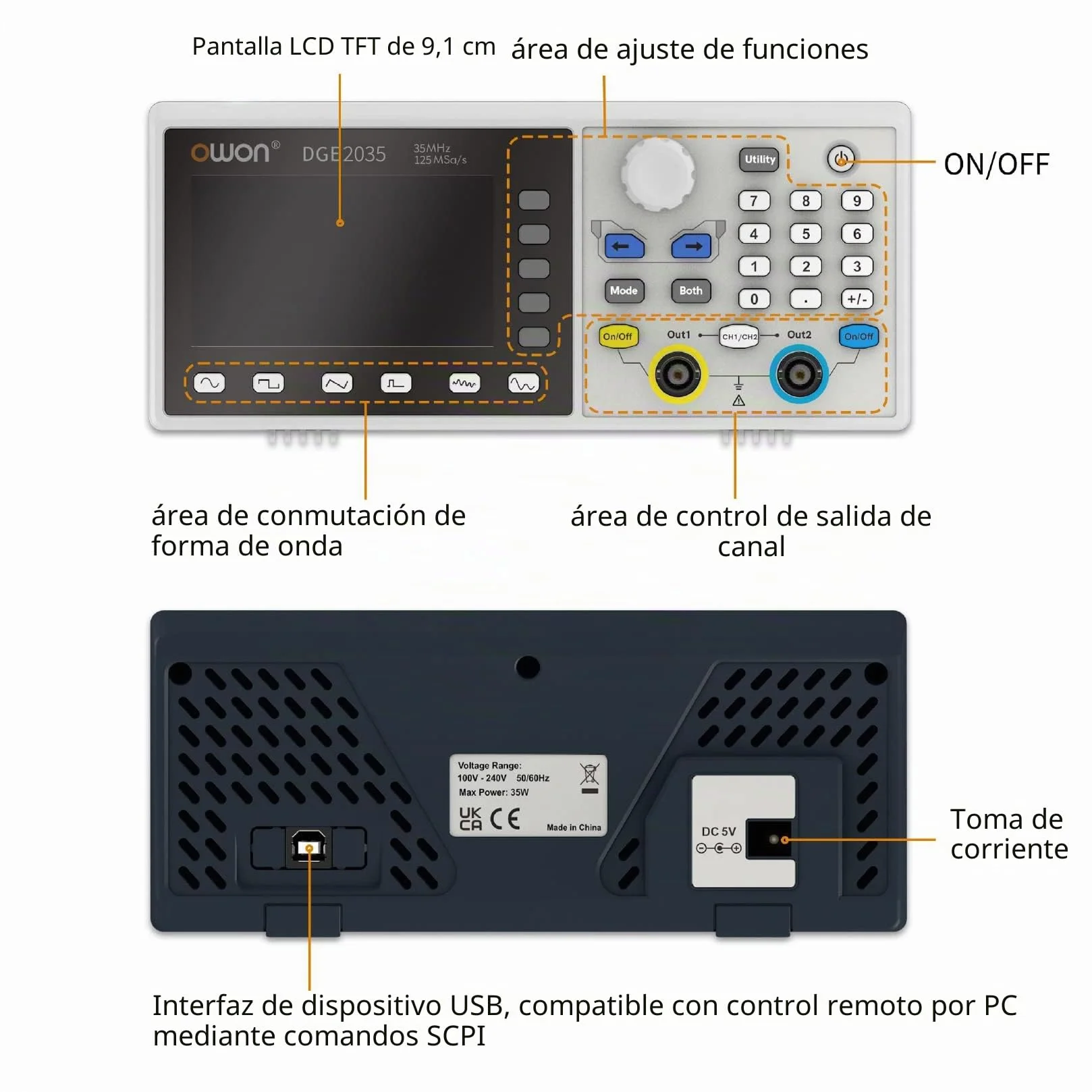 OWON Generador de funciones de 35 MHz de canales duales DGE2035, generador de forma de onda arbitraria portátil con pantalla LCD de 3,6 pulgadas, generador de señal de frecuencia muestreo de 14 bits