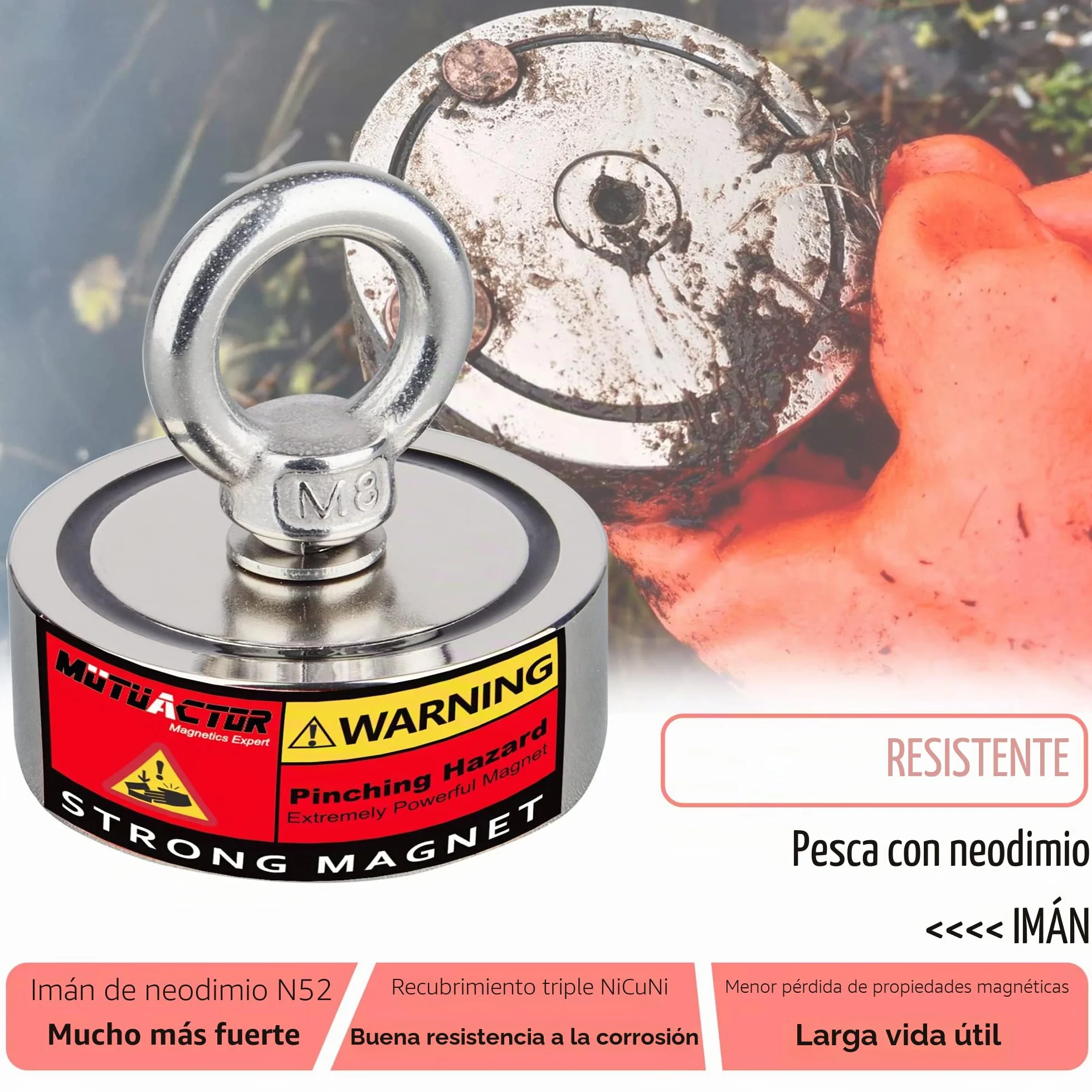 MUTUACTOR Iman de pesca neodimio N52 320 kg con cuerda 20 m para recuperacion magnetica