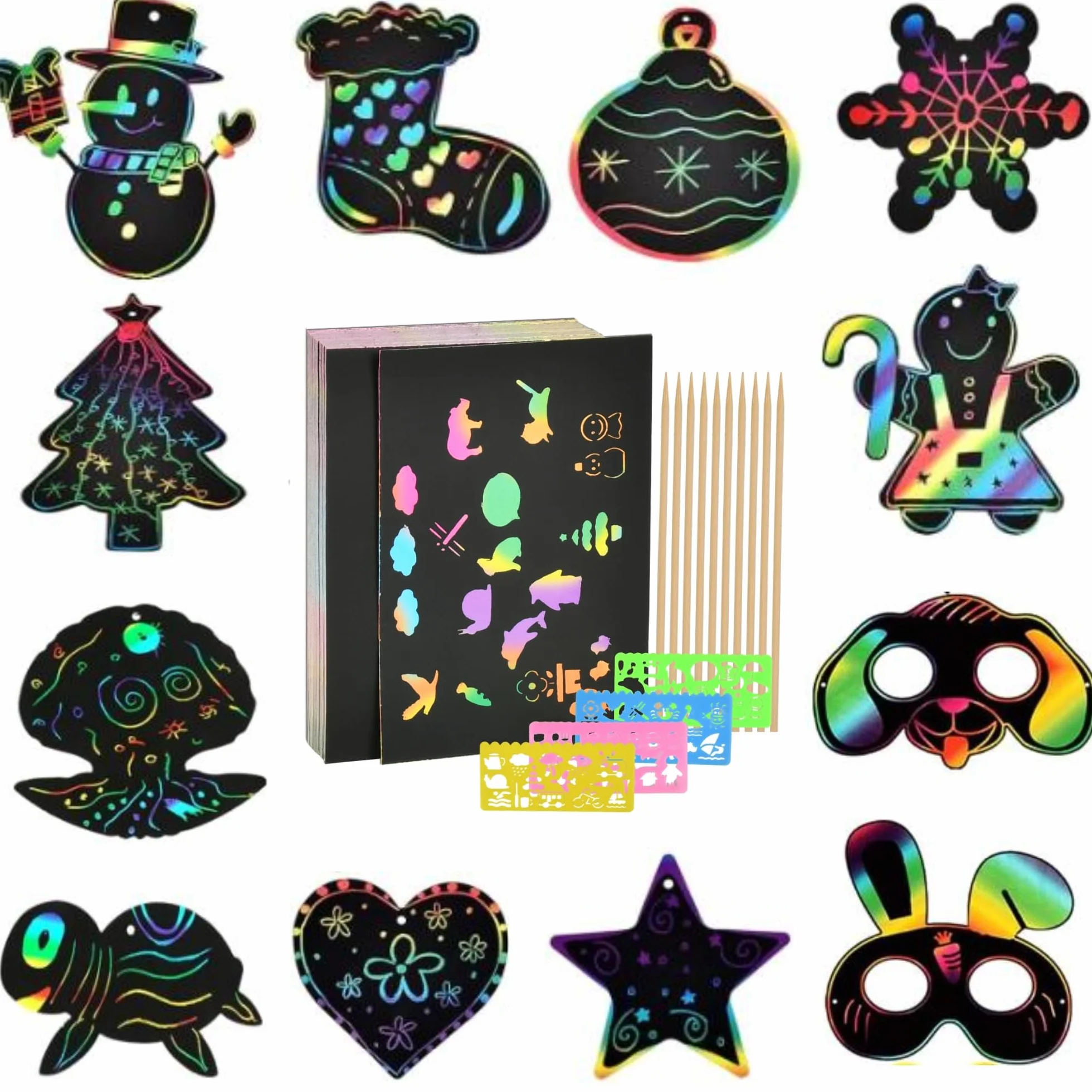 100 Hojas Dibujo Scratch Art Paper Láminas para Rascar Creativas con 4 Plantillas y 10 Lápices de Madera