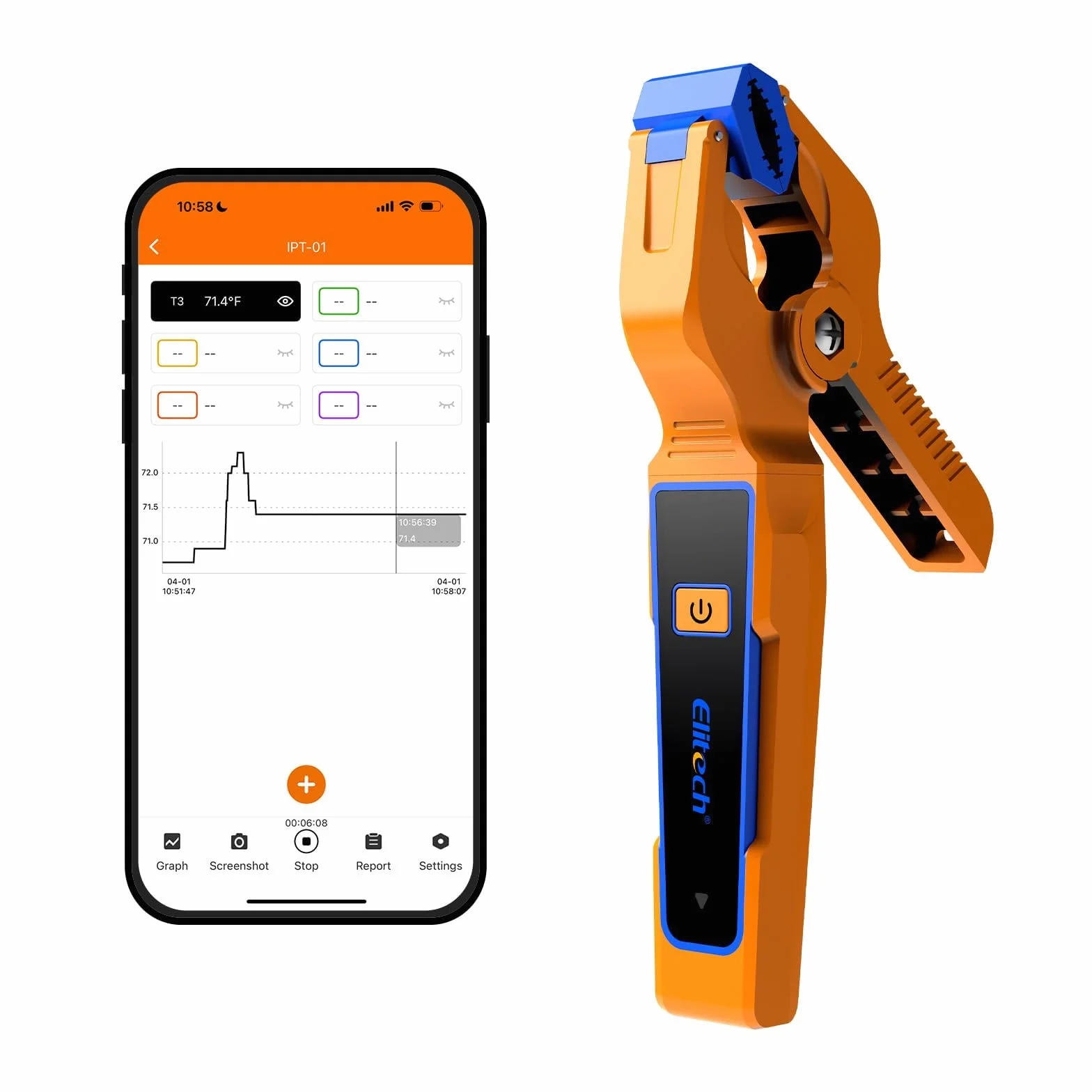 Elitech IPT-01 - Pinza de temperatura inalámbrica tipo T con aplicación Bluetooth, registro de datos y monitoreo remoto, sensor de temperatura HVAC para medidores digitales Manifold