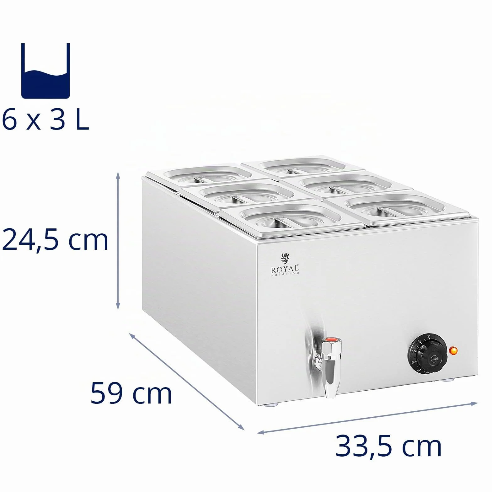 Royal Catering Baño María Profesional para Hostelería RCBM_GN1/6 (Potencia: 600 W, Cantidad de contenedores GN: 6, Volumen total: 6 x 3 L)