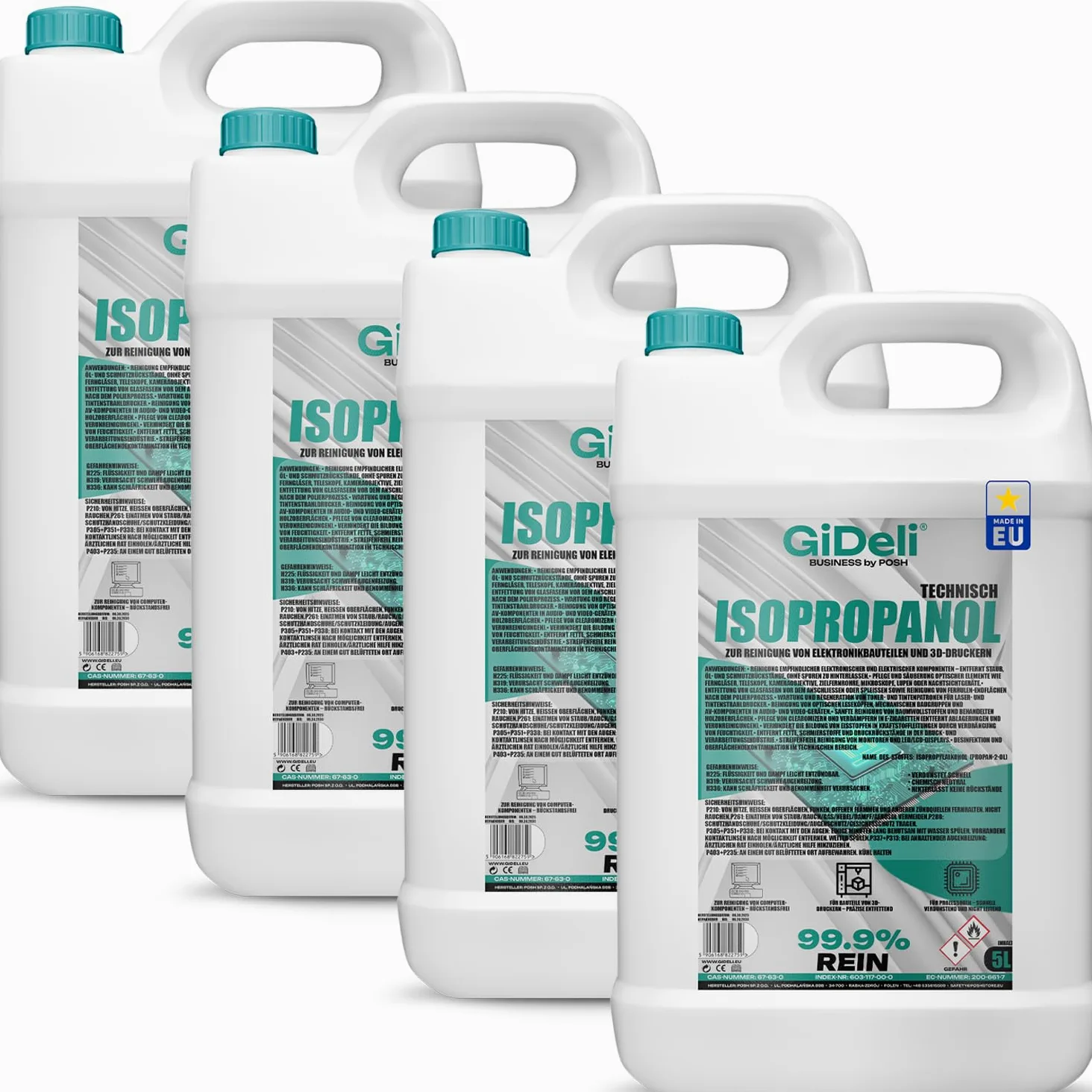GiDeli Isopropanol Técnico 4x 5l - Alcohol isopropílico 99,9% - Limpieza de componentes electrónicos y accesorios de impresora 3d