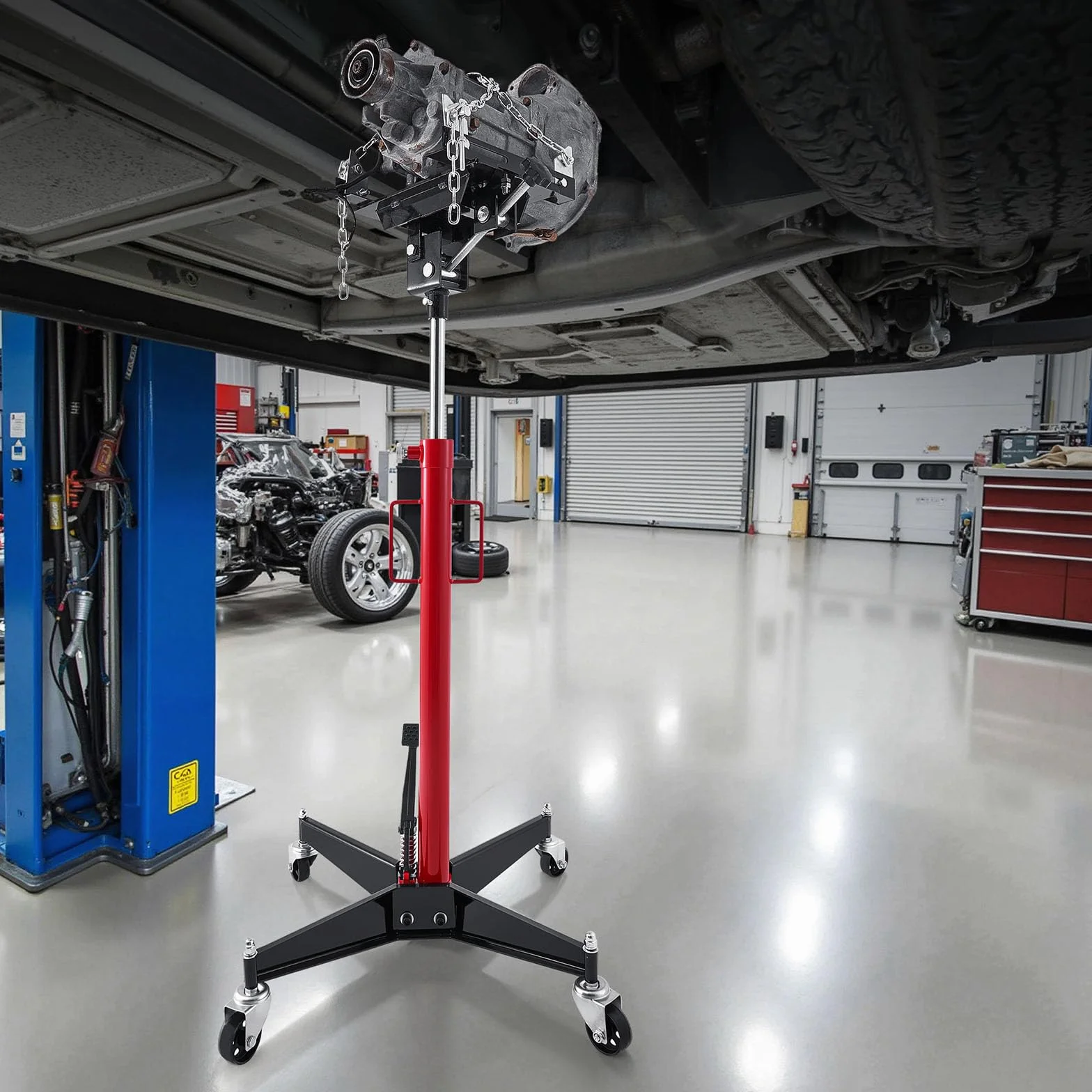 VEVOR Gato Hidráulico para Coche, Capacidad de Elevación 500 kg, con Pedal, Rueda Giratoria de 360°, Altura de Elevación de 127-202 cm, para Taller/Garaje, Rojo y Negro, 640 x 575 x 1360–2115 mm