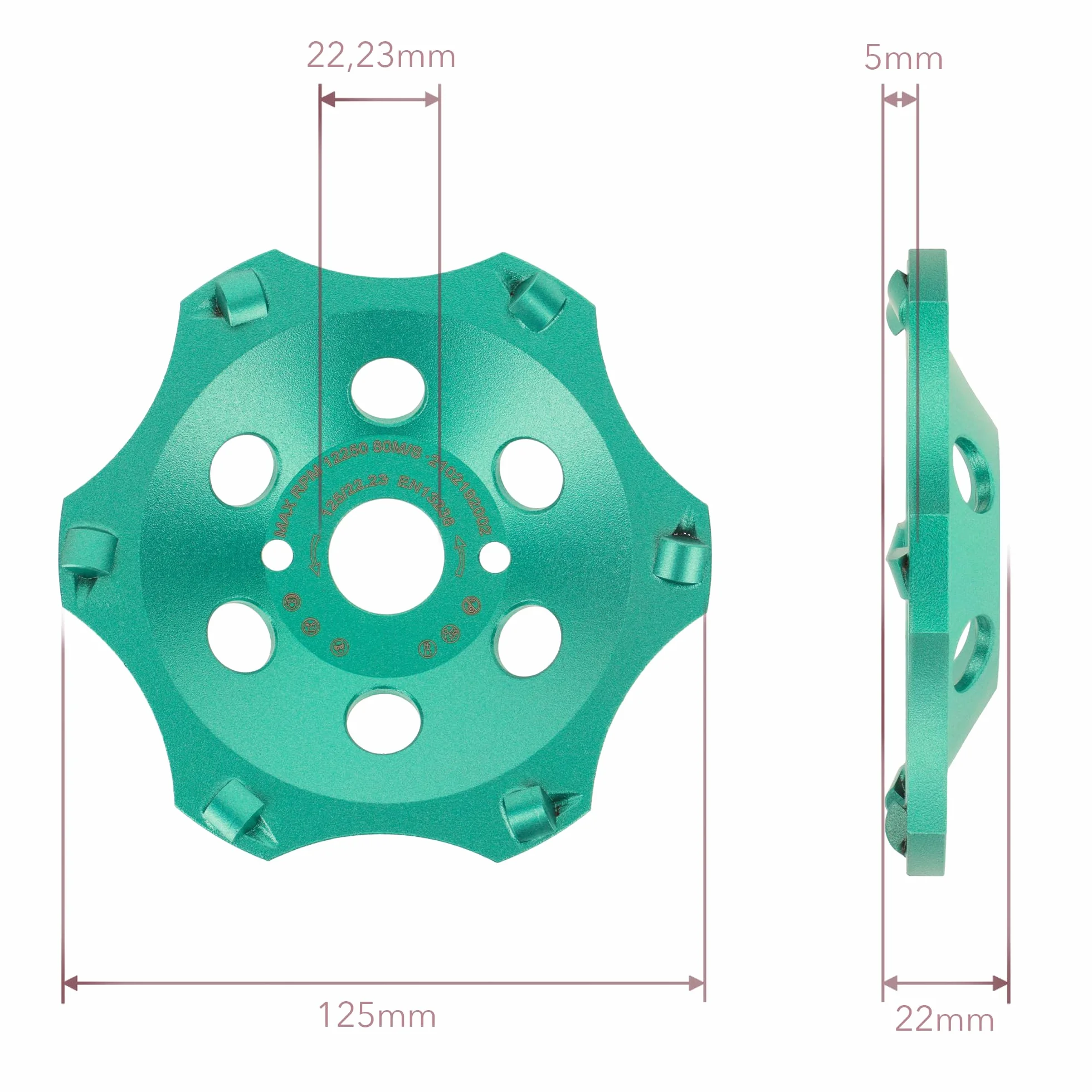 PRODIAMANT Muela de copa de diamante PCD premium 125/22,2 6 segmentos verde PDX829.793