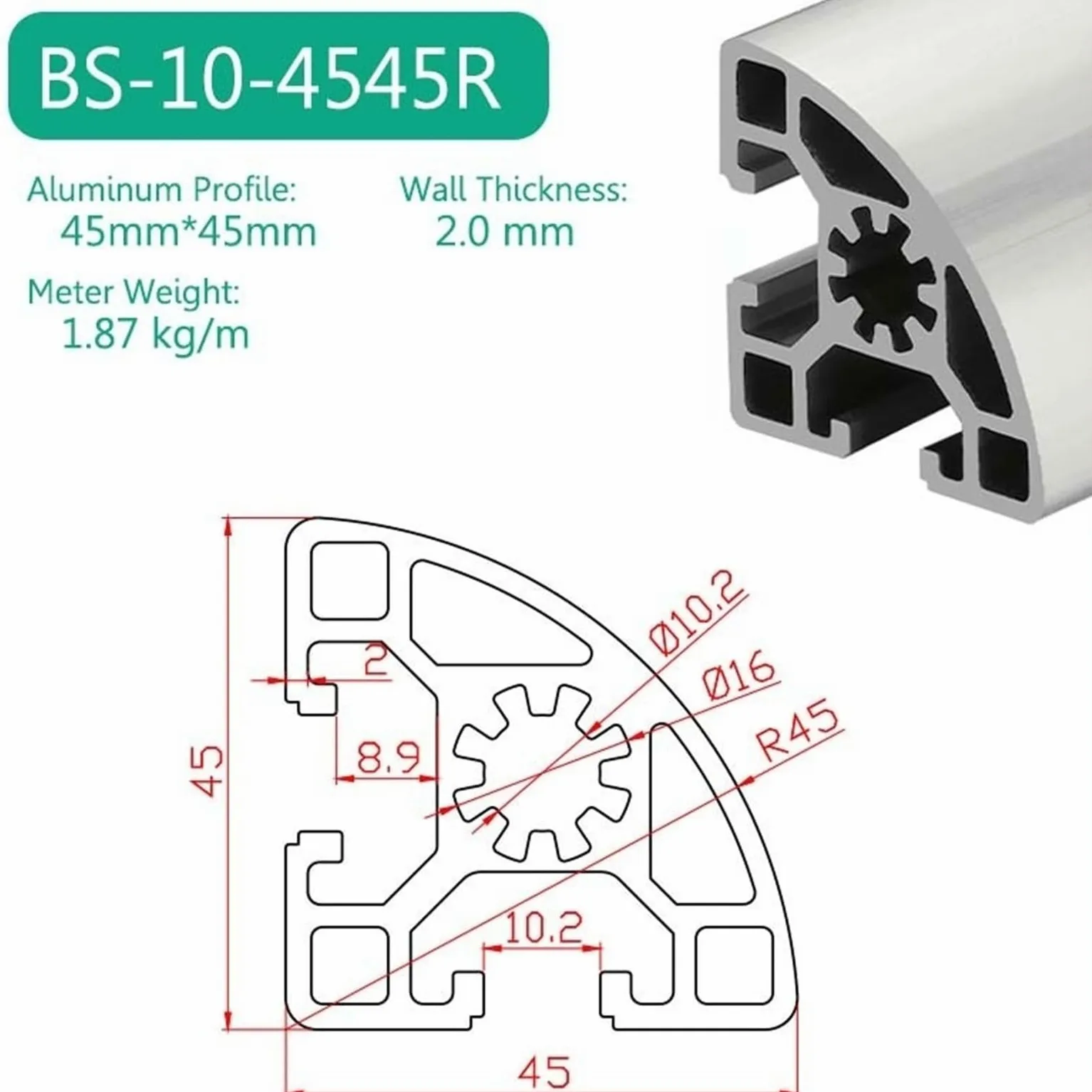 Perfil de aluminio de arco 4545R con ranura de 10,2 mm y marco de extrusión curvado de 45 x 45 mm for marcos de equipos, barandillas de máquinas y estanterías for flores. Borde