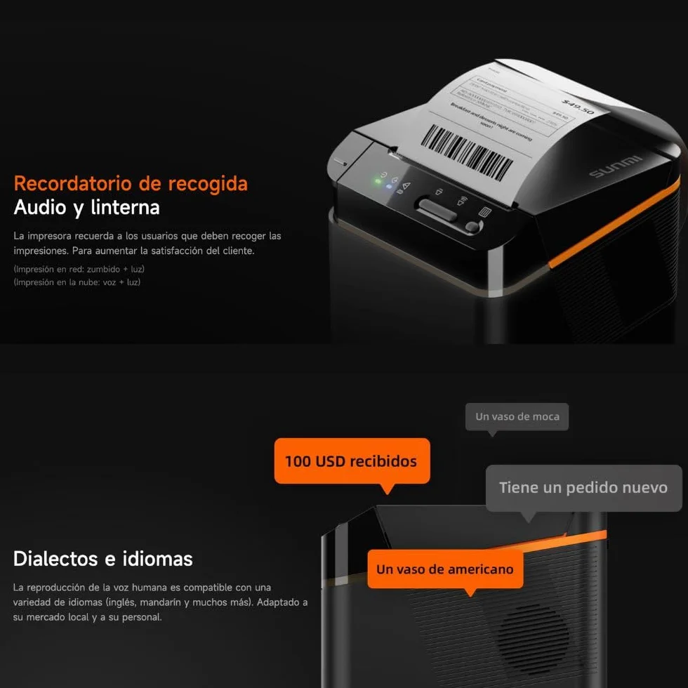 SUNMI Cloud Printer - Impresora Tickets 80mm - Papel Térmico 80 mm - Impresora Termica sin Tinta - Corte Automático - Conexión USB, RJ11, Wifi y Bluetooth - Velocidad de Impresión 250 mm/s