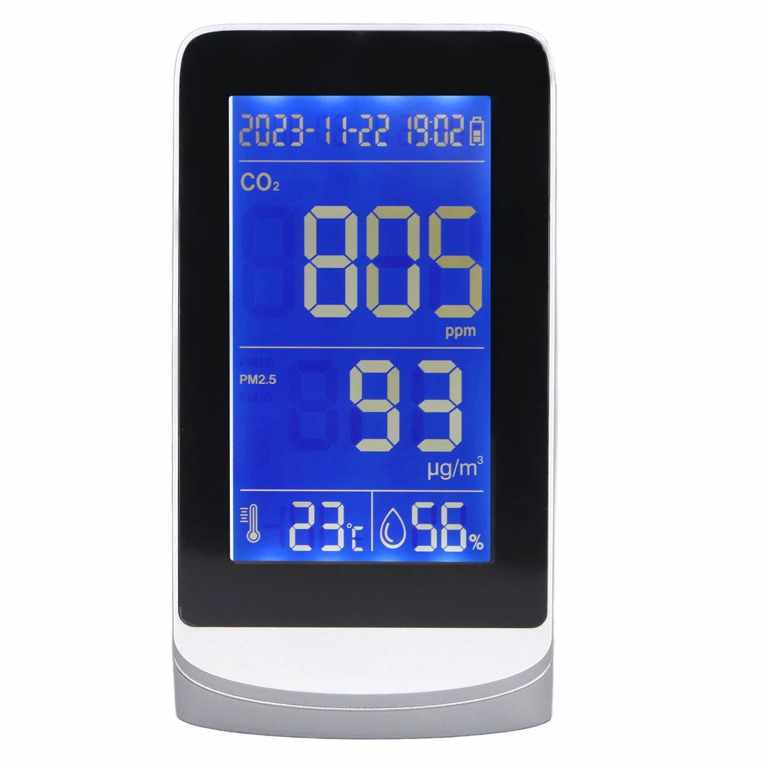 Monitor de calidad del aire CO2 PM2.5 PM10 PM1.0 Detector con temperatura Sensor de humedad Monitoreo en tiempo real para la oficina domiciliaria Uso exterior para interiores