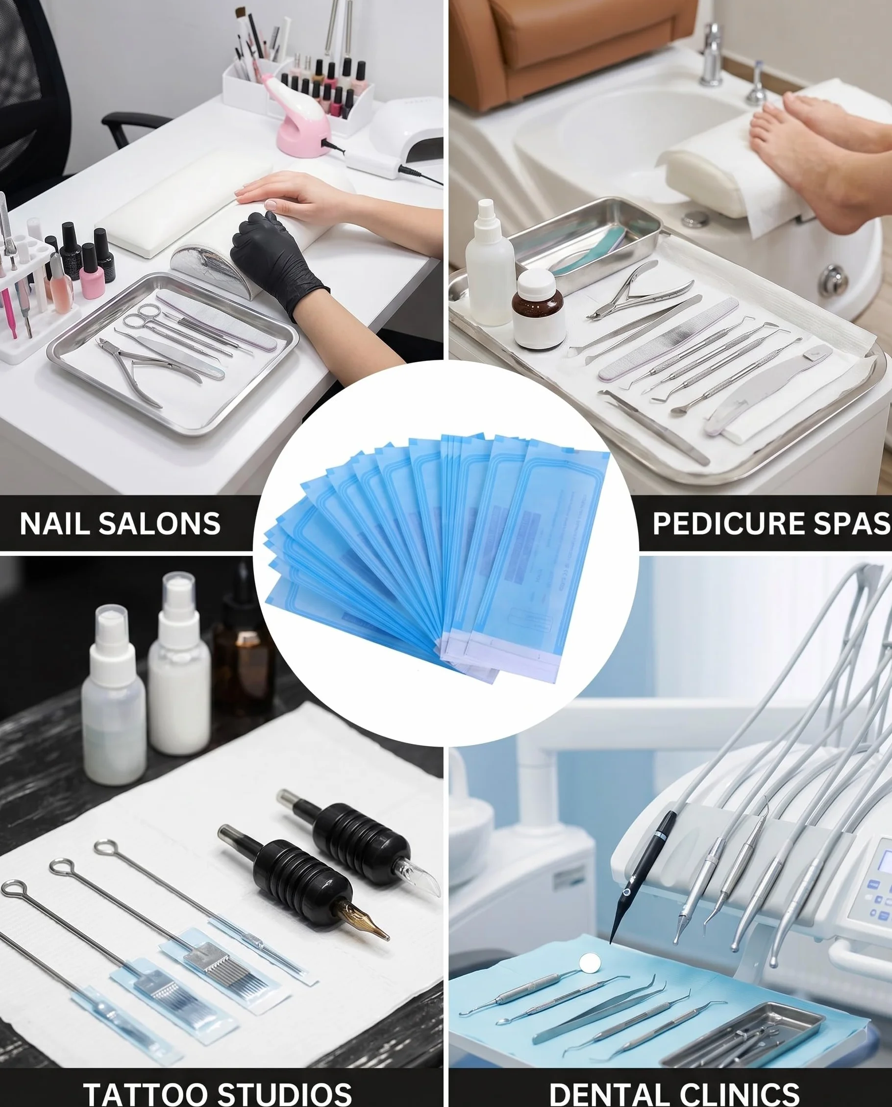 Bolsas Esterilización Desechables 200 Piezas Azules Autosellantes para Manicura Autoclave