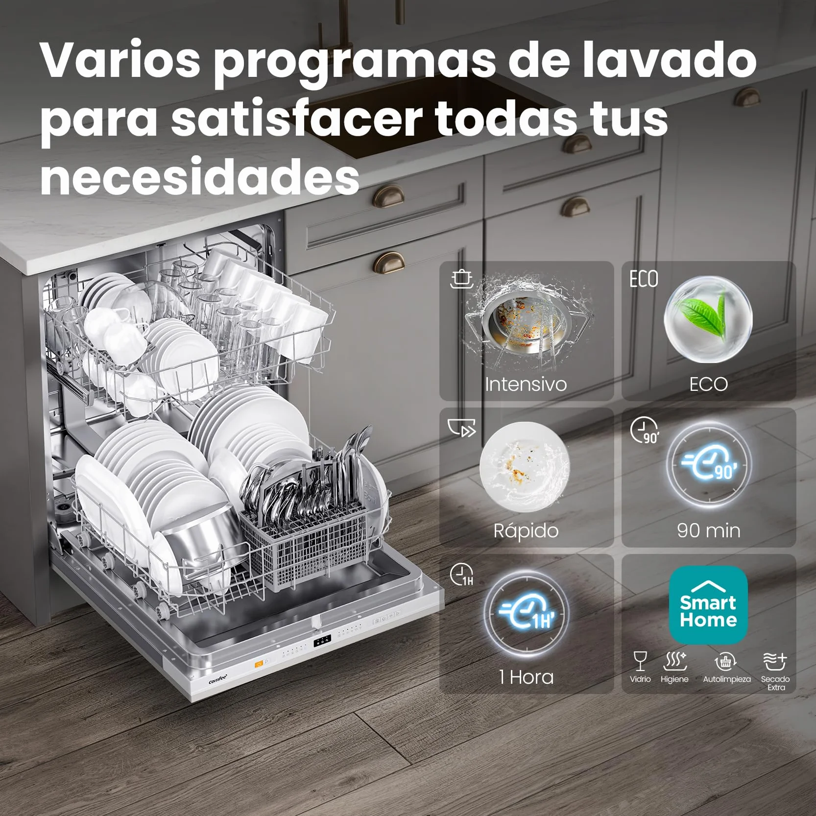 COMFEE' CDWPB1215PB-EU Lavavajillas Integrable 60cm 12 Cubiertos Cloud Wash Secado Extra Inicio Diferido 5+3 Programas IoT Blanco