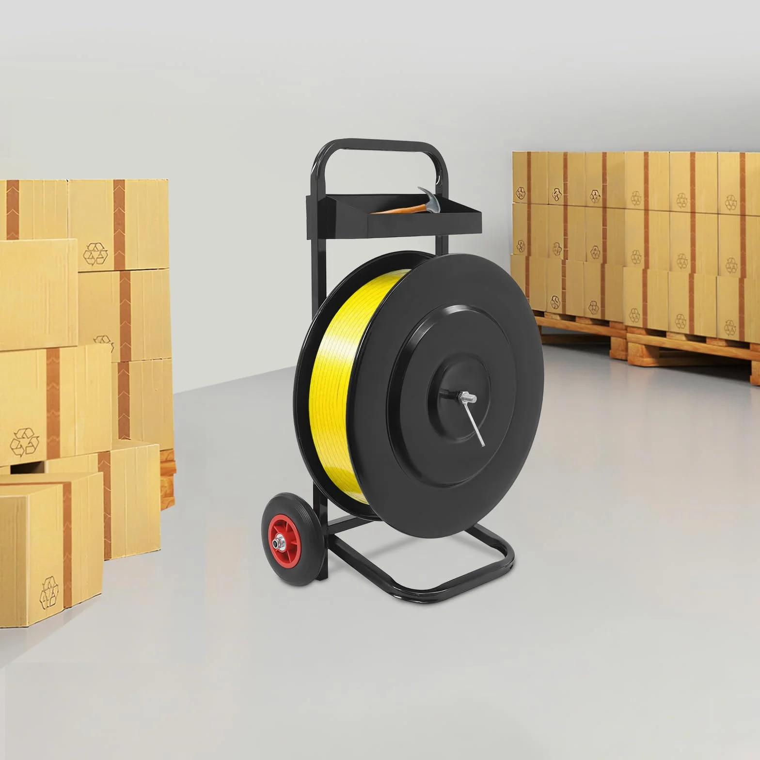 Carro para flejado, dispensador de flejes móvil y carro de flejes pesados con bandejas de almacenamiento, ruedas de hasta 80 kg, para cinta PP (200 mm/400 mm de diámetro interior)
