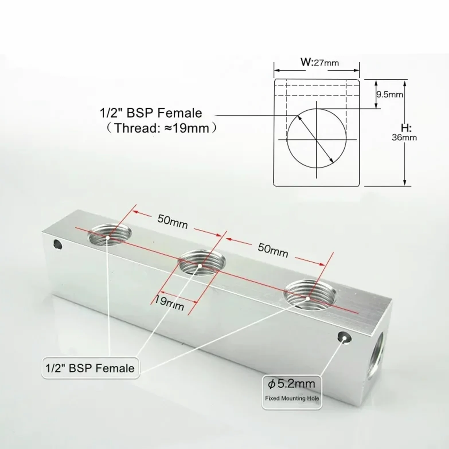 Bloque de distribución de Aire con colector neumático de Aluminio Macizo, con válvulas de Bola de latón, 1/2" BSPT Hembra, 27 x 36 mm, 2-10 vías, 4-12 Puertos.(1 in 2 out)