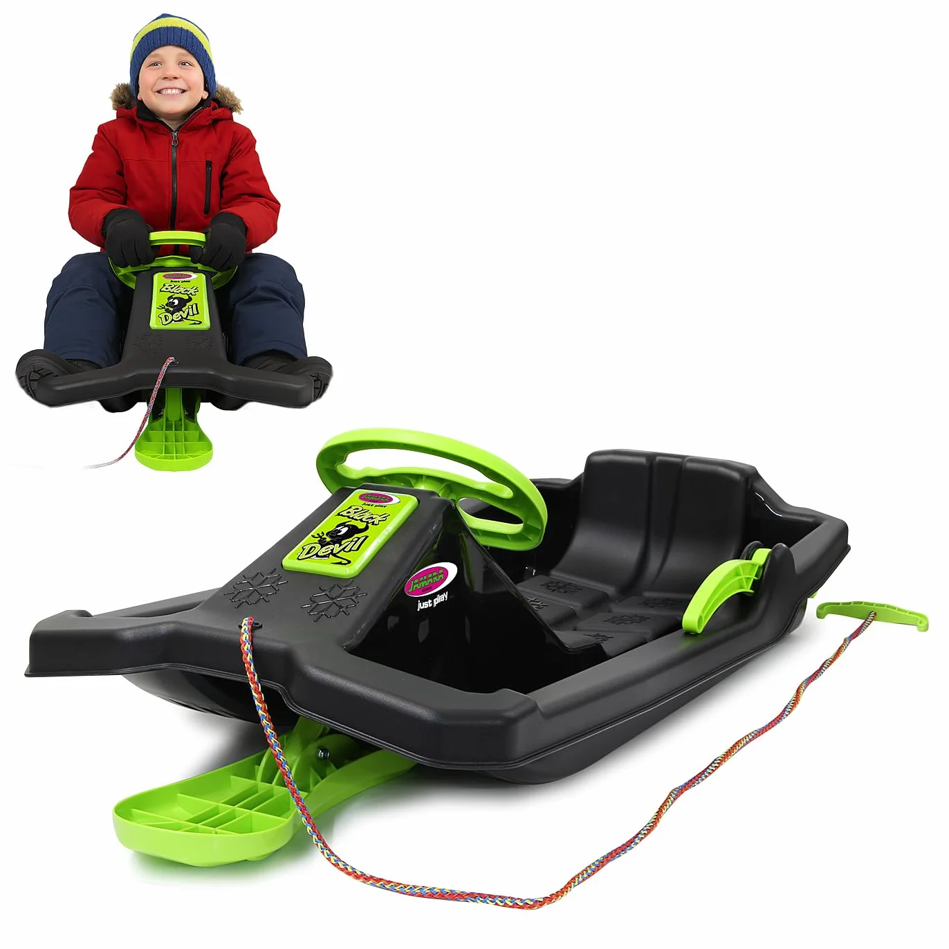 JAMARA Play Black Devil Trineo Divertido para Invierno, Volante, Freno de Mano, a Partir de 3 años, Negro