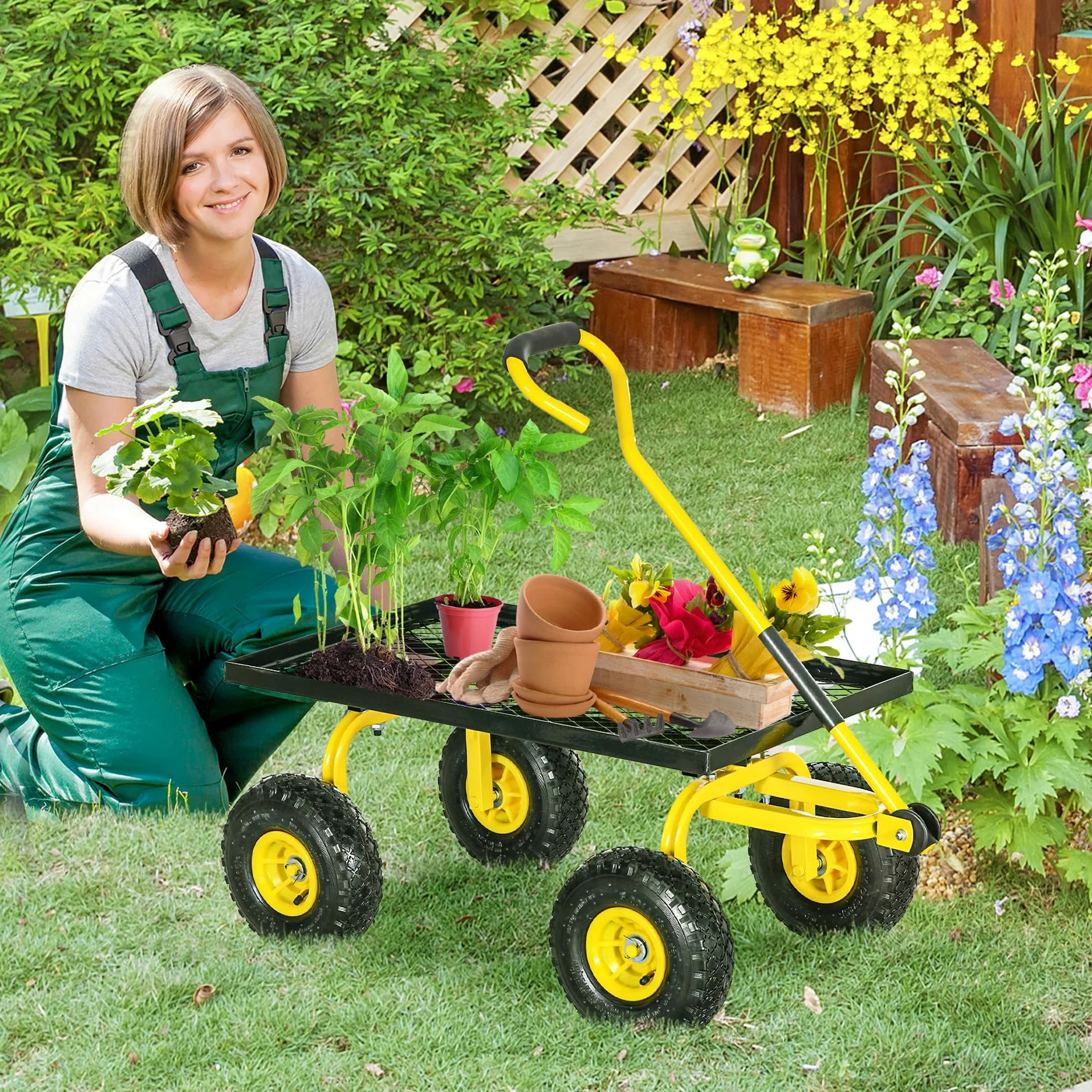 Outsunny Carro de jardín resistente estructura metálica Amarillo | Ruedas neumáticas 10", manija giratoria, capacidad 150kg, para granja