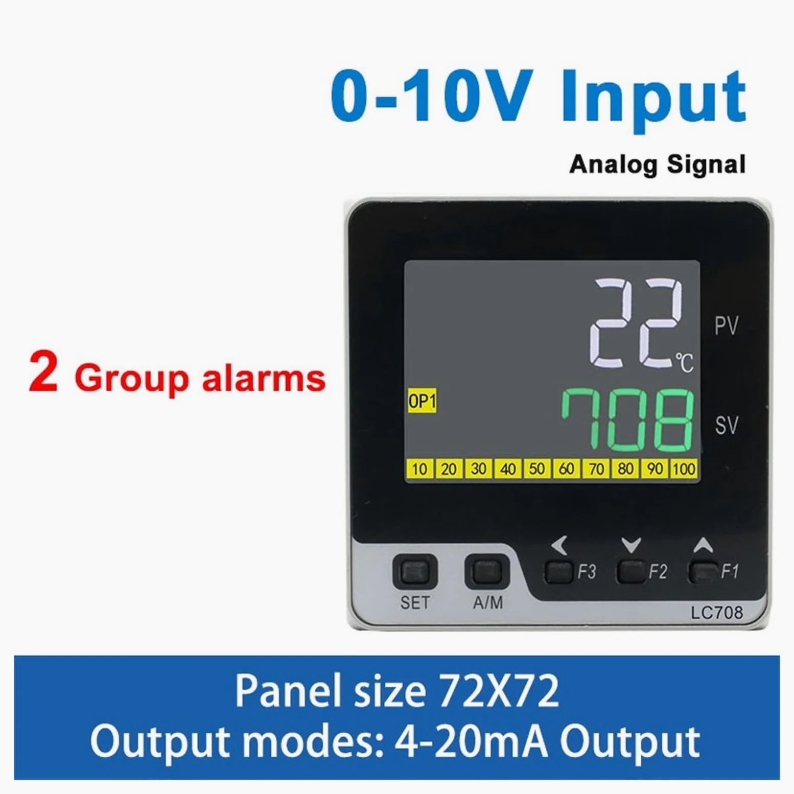 Controlador de Temperatura Controlador de Temperatura Digital PID, relé SSR, Salida 4-20 mA, regulador PID, Entrada 0-10 V, RS485 Modbus, 72 x 72 mm, LC708(4-20mA out 2Alarms)