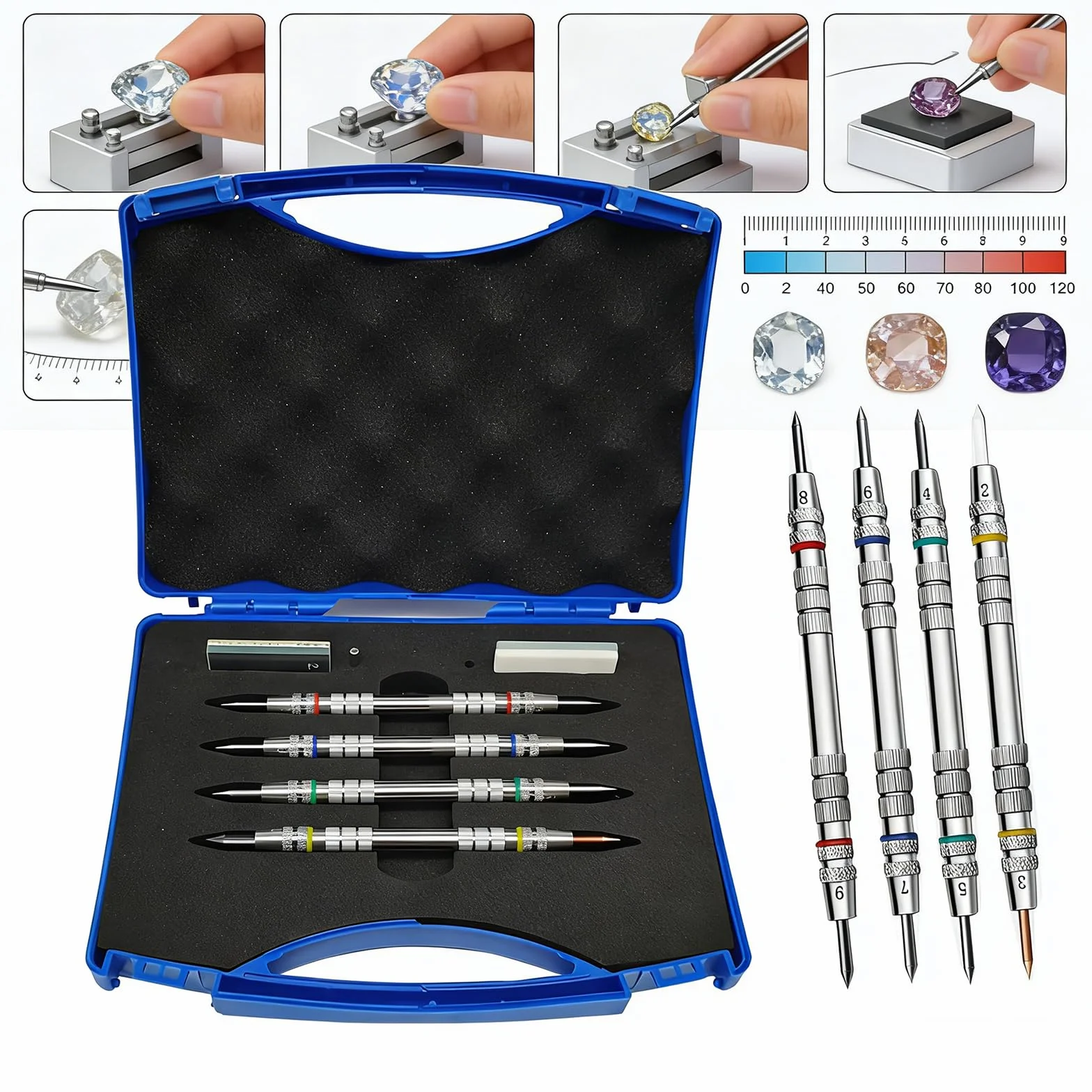 Kit Completo De Probador De Dureza Mohs | Puntas De Prueba De Rayado De 2 A 9 Niveles Con Estuche Para Pruebas De Campo En Concreto, Azulejos, Vidrio, Revestimientos Y Piedra,A